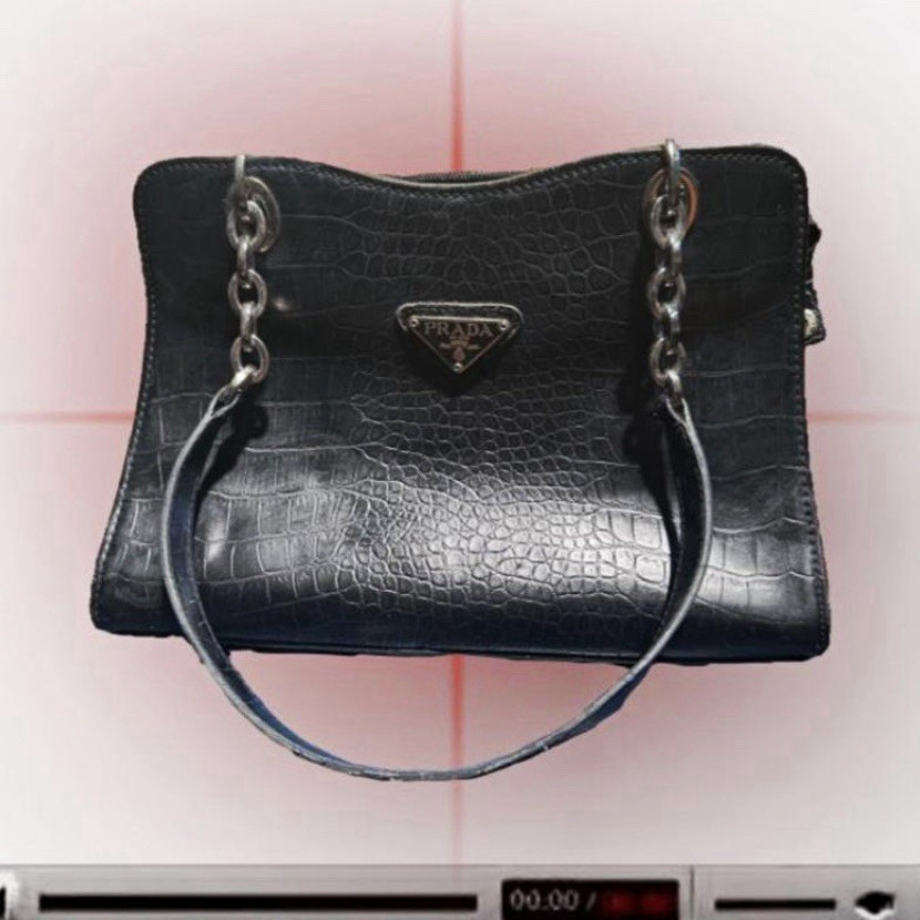 PRADA Black Croc Embossed Top Handle Bag Triangle Logo Plate Silver Hardware