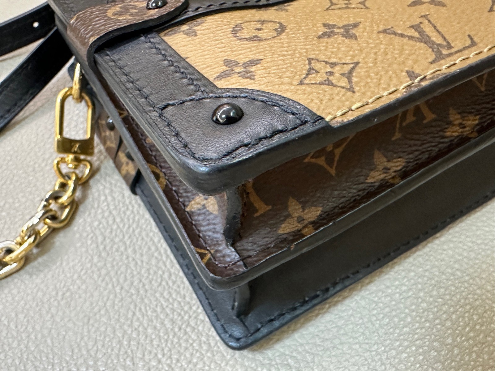 Louis Vuitton Trunk Clutch Monogram Canvas Brown Leather Crossbody Bag Authentic