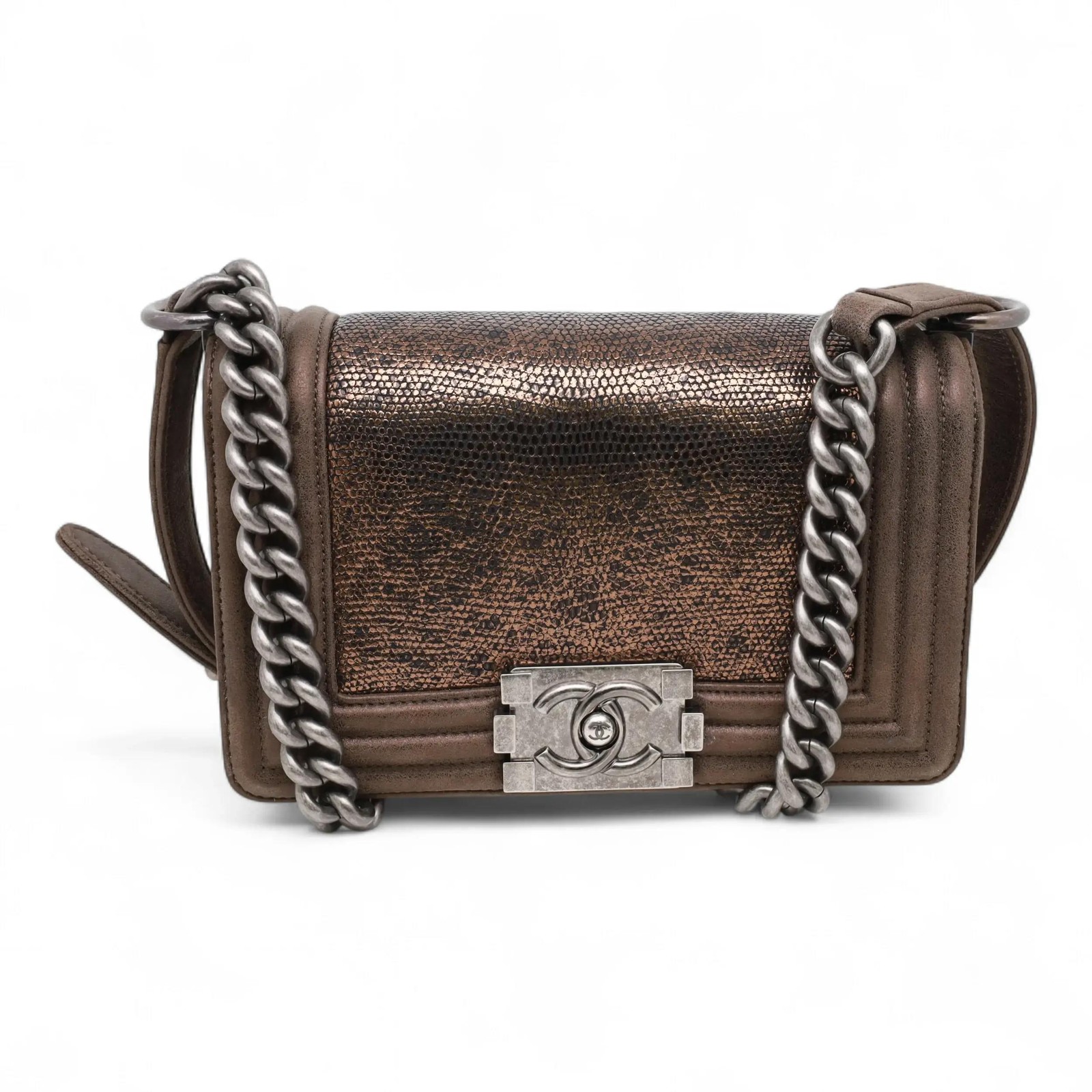 Chanel Lizard Metallic Quilted Brown Leather Small Boy Flap Crossbody Bag