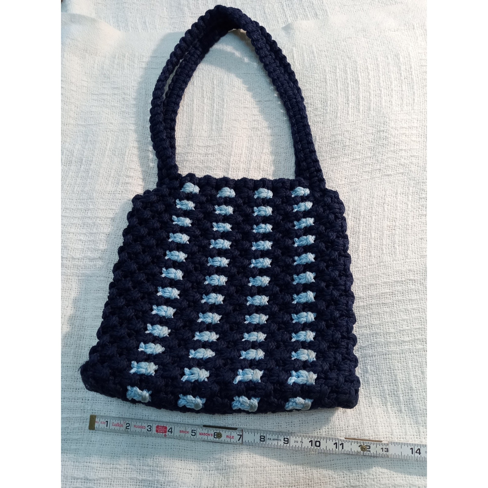 New Handmade Women’s Knit Handbag Blue with Geo Pattern Double Top Handles