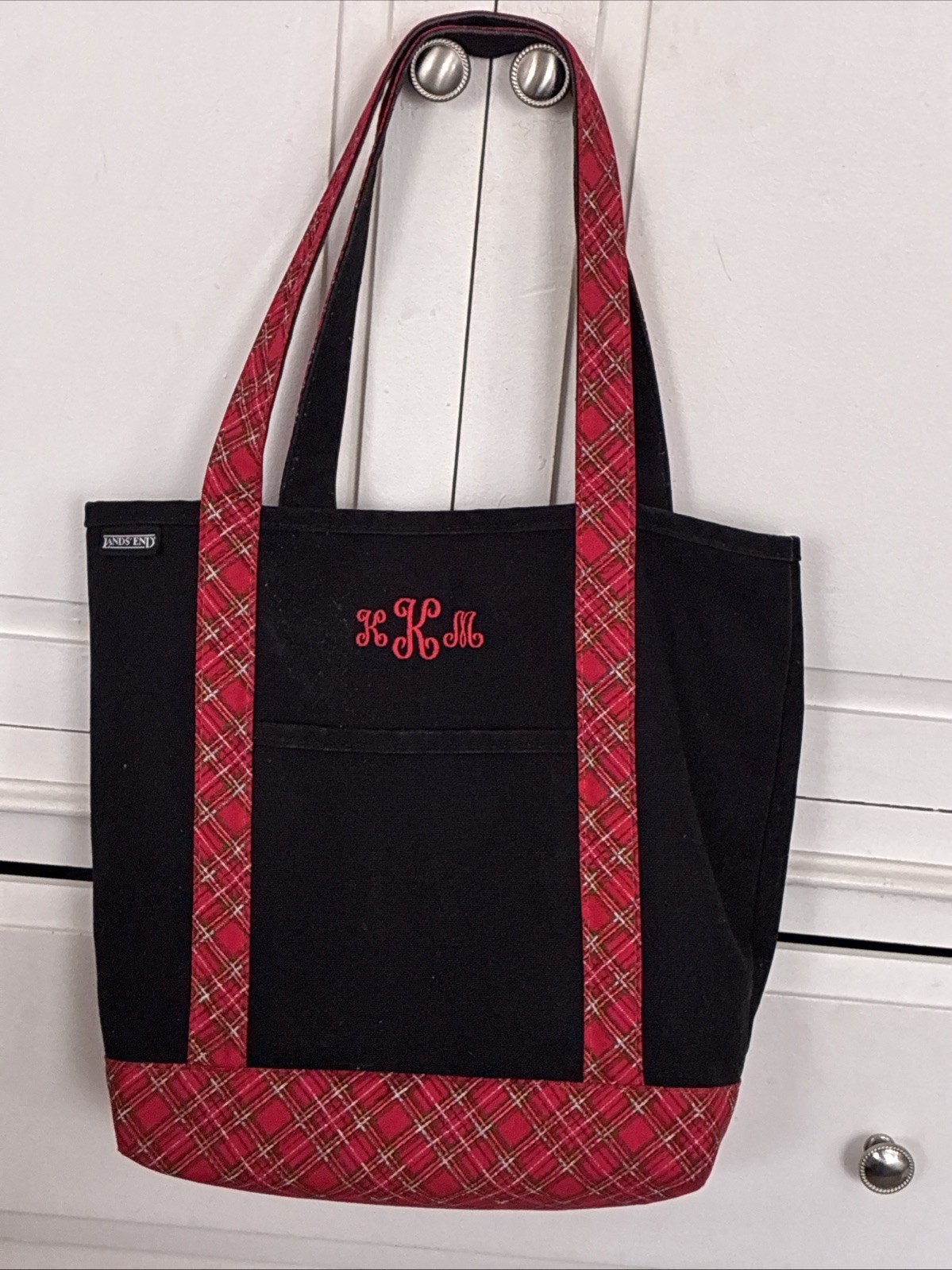 Lands’ End Canvas Tote Bag Black Red Plaid Monogram Heavy Duty Boat Beach Travel