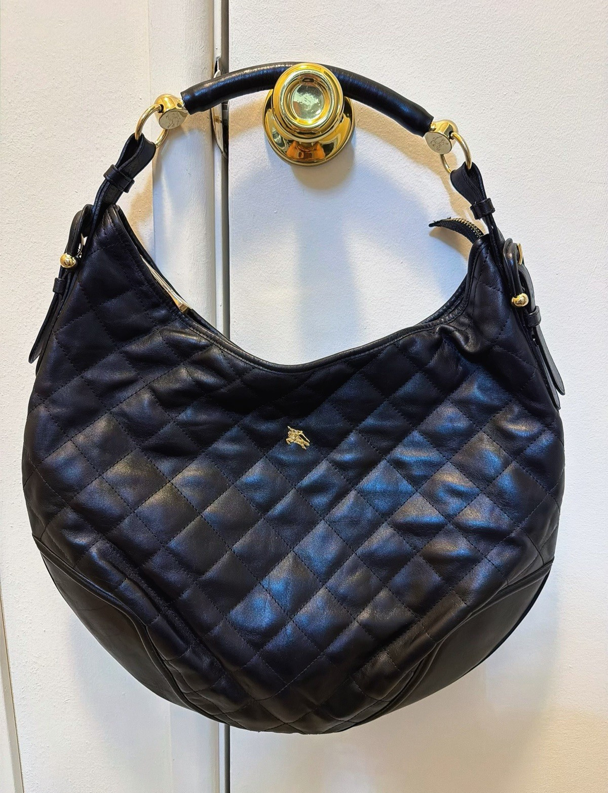 Burberry Black Medium Hobo Shoulder Bag Zip Closure Quilted Logo Gold Hardware