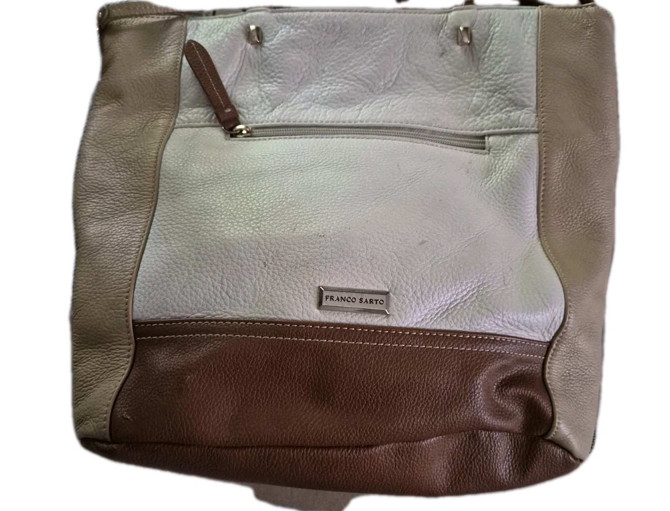 Franco Sarto Leather Colorblock Tote Shoulder Bag Cream Taupe Brown FL0851