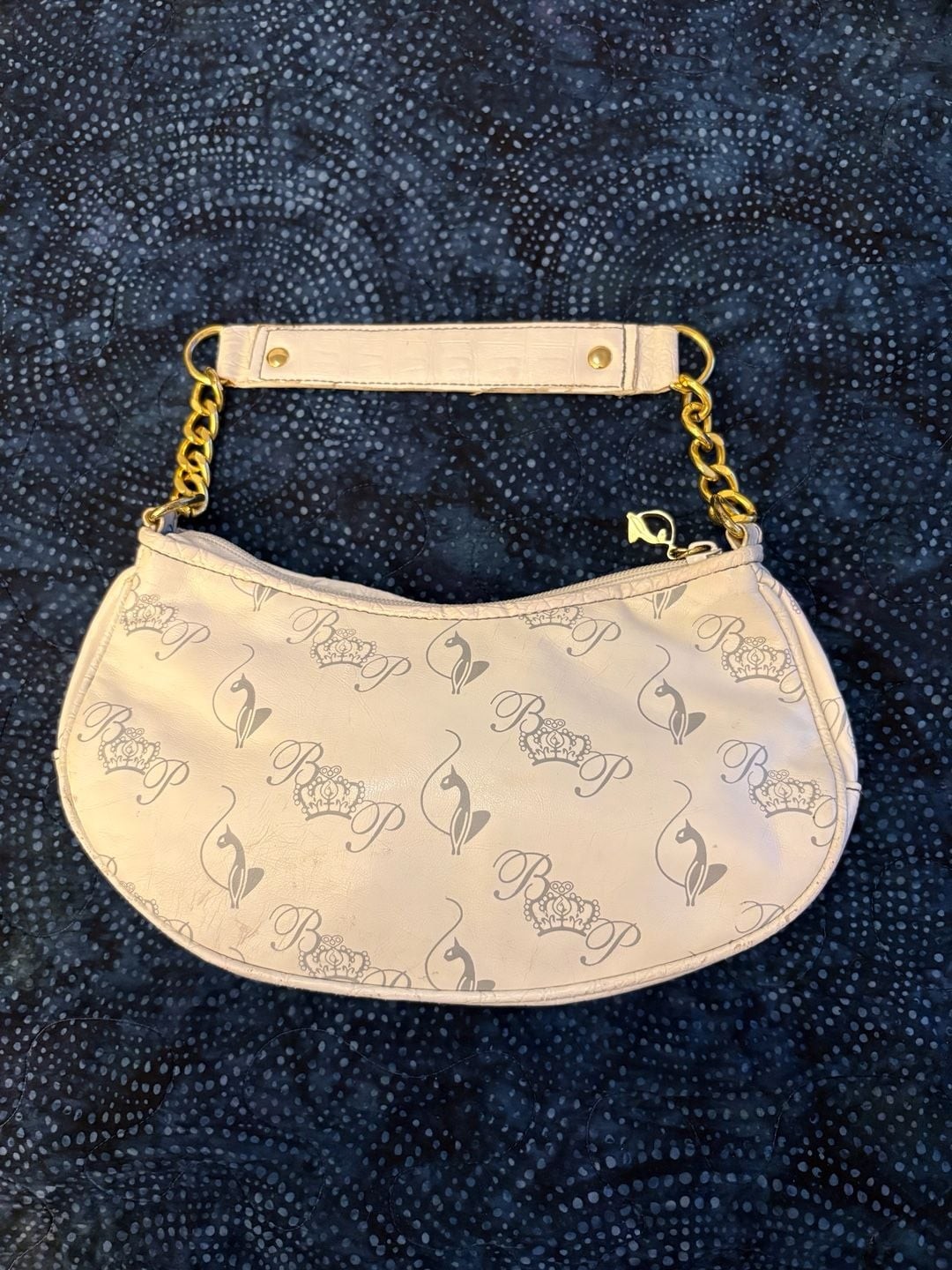 Baby Phat White Logo Print Shoulder Bag with Gold Tone Hardware and Crown Accent