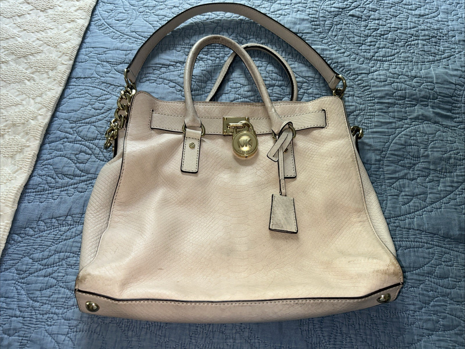 Michael Kors Hamilton Satchel Leather Handbag in Ivory – wear as shown