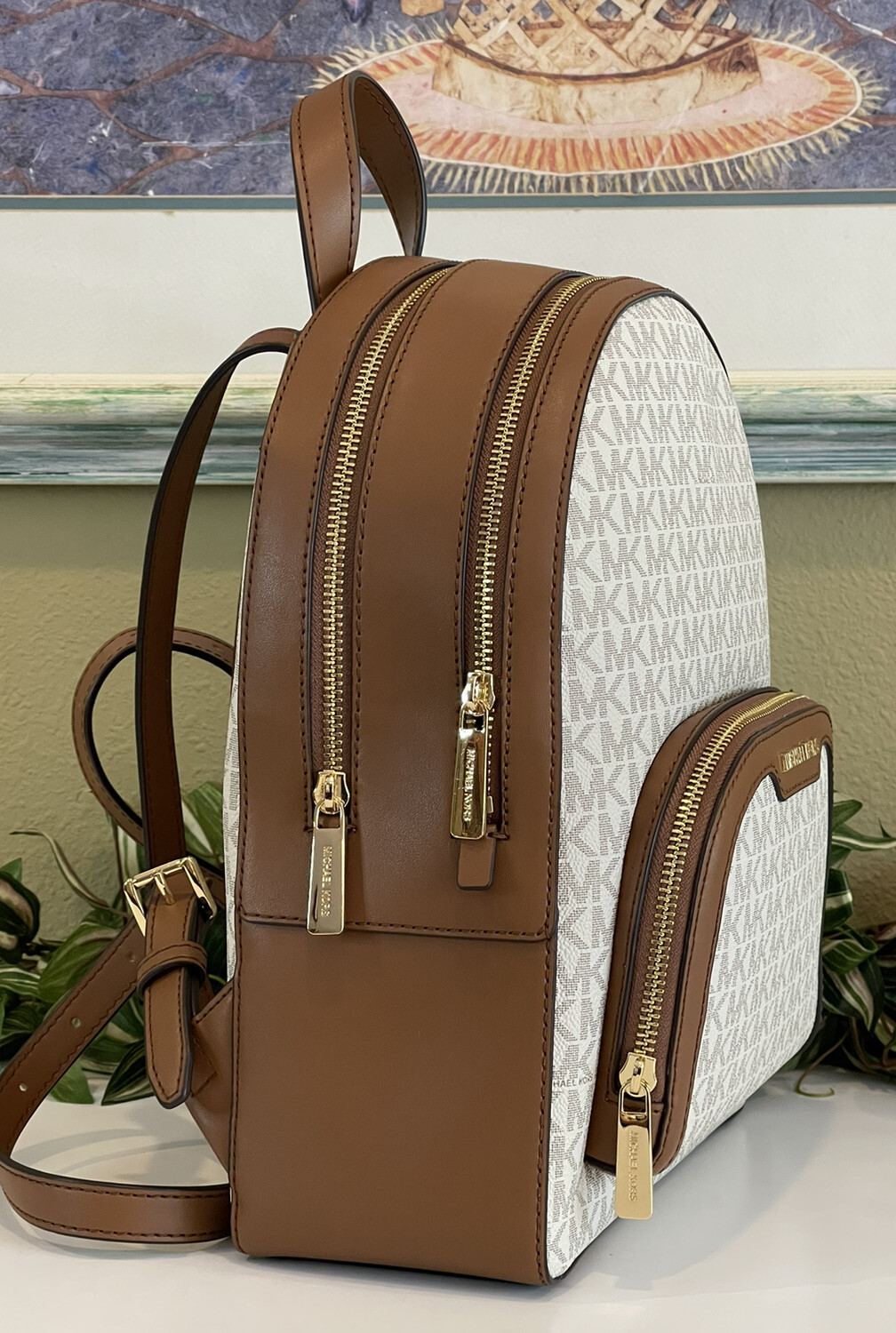 MICHAEL KORS JAYCEE MEDIUM ZIP POCKET BACKPACK BAG TOTE MK VANILLA LOGO LEATHER