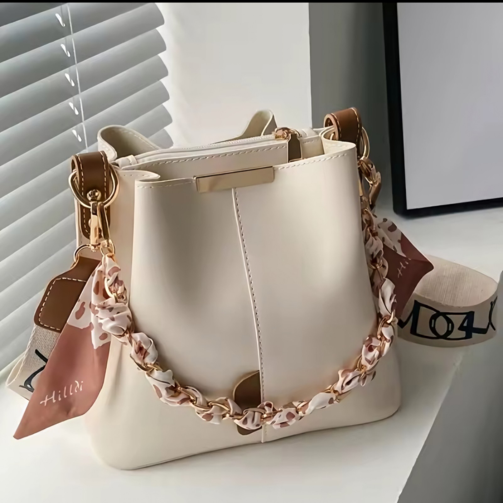 Women’s Beige Bucket Shoulder Bag, Zip, Adjustable Crossbody Strap, Scarf Chain