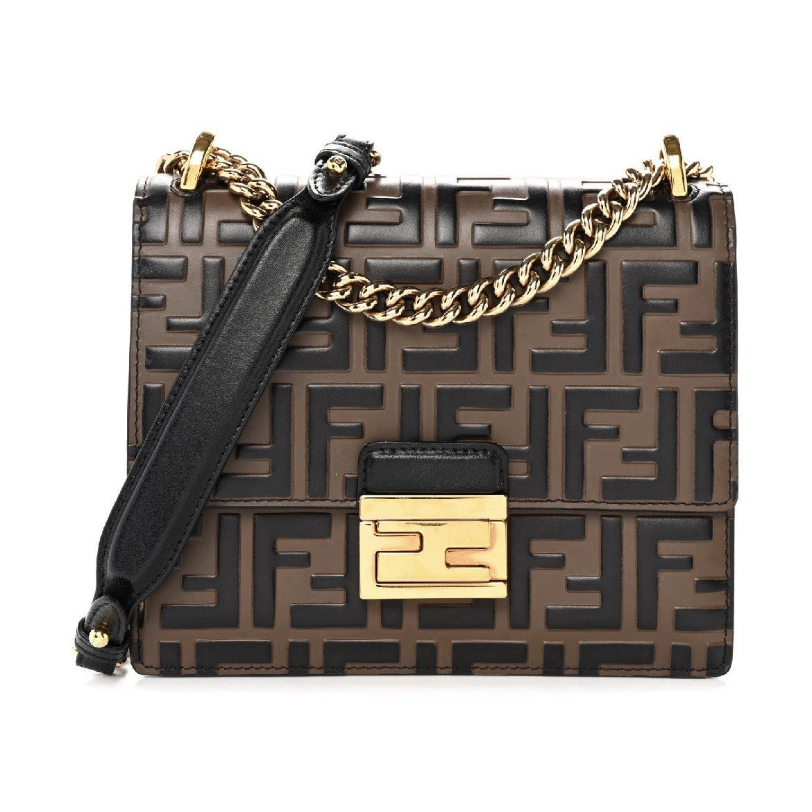 Fendi Zucca FF Logo Embossed Brown/Black Crossbody Bag Gold Chain Push Lock