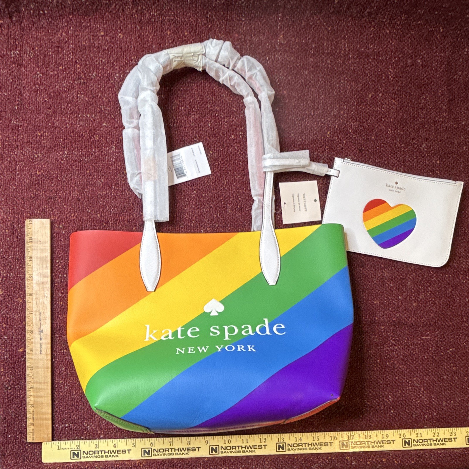 kate spade reversible Large Rainbow Tote Double Handles Silver HW w/ Heart Pouch