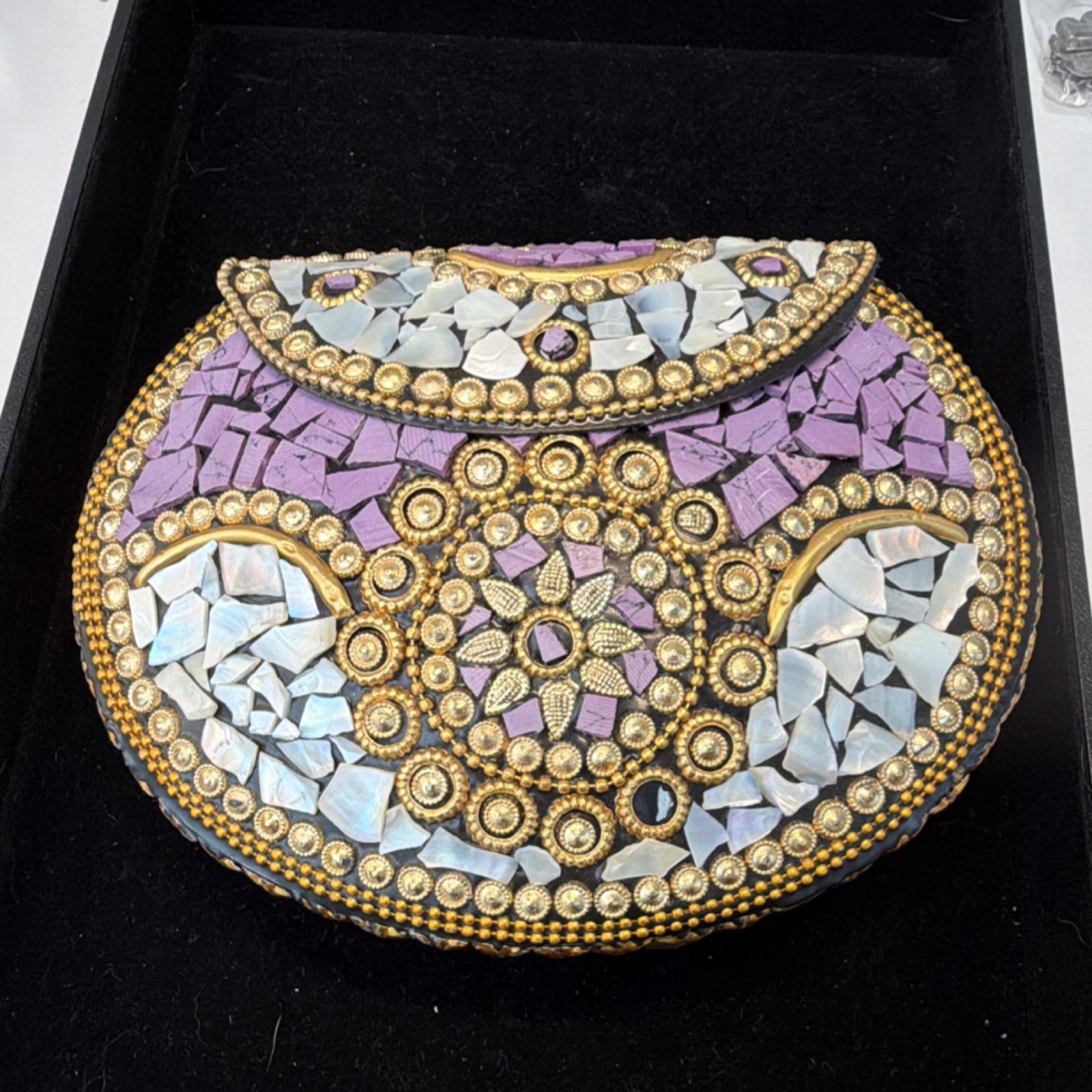 Ramla Beverly Hills purple mosaic stone MOP shell with gold details