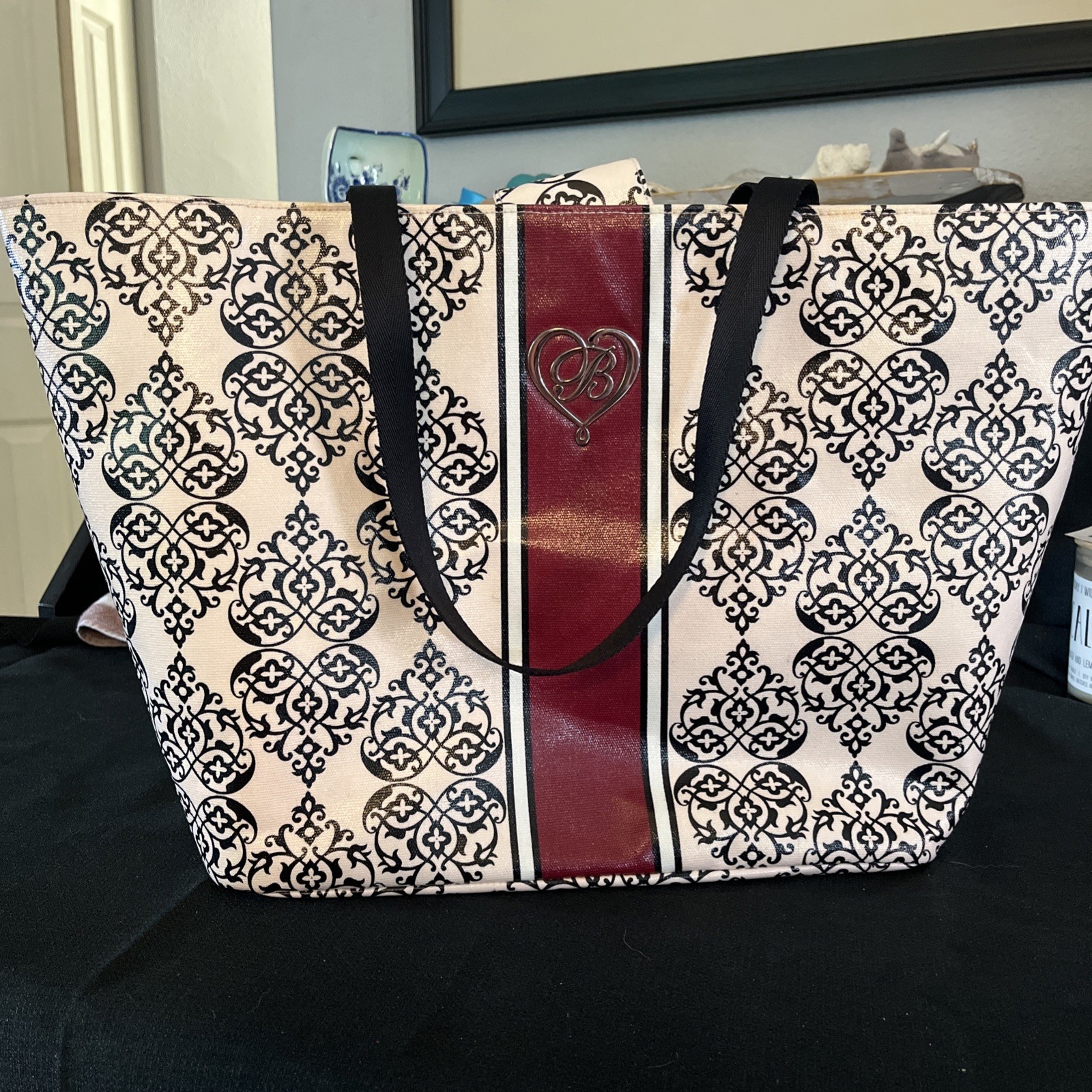 Brighton “My Sweet Valentine” Large Tote. Burgundy Cream Black. Silvertone Heart