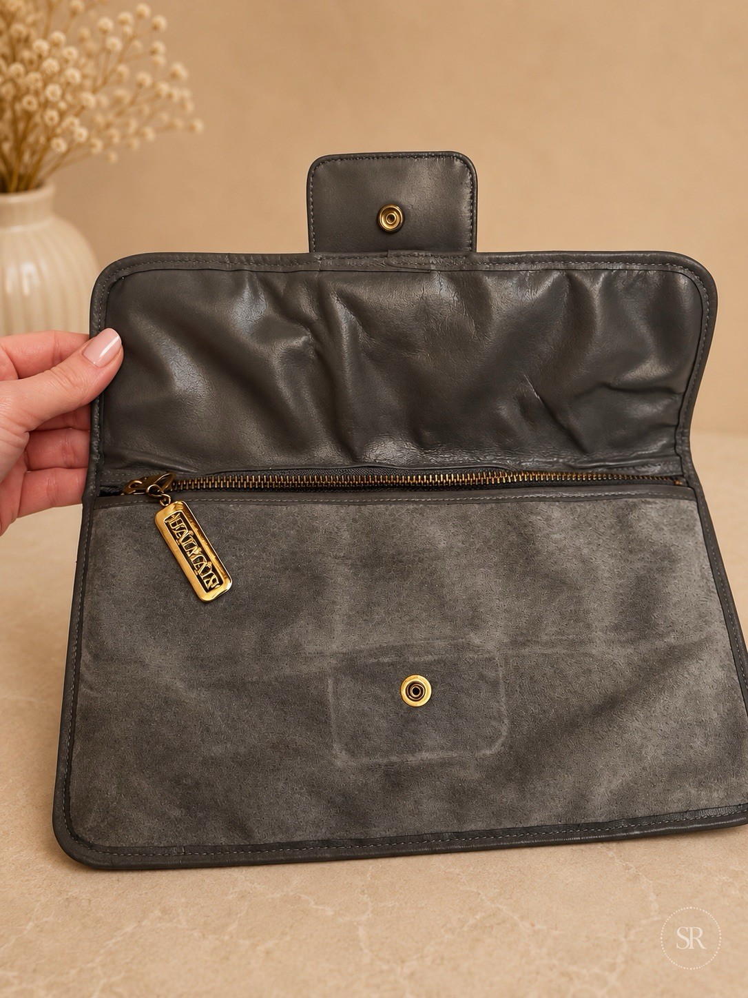 VTG Pierre Balmain Gray Suede Leather Clutch Bag Gold Logo Hardware France 1970s