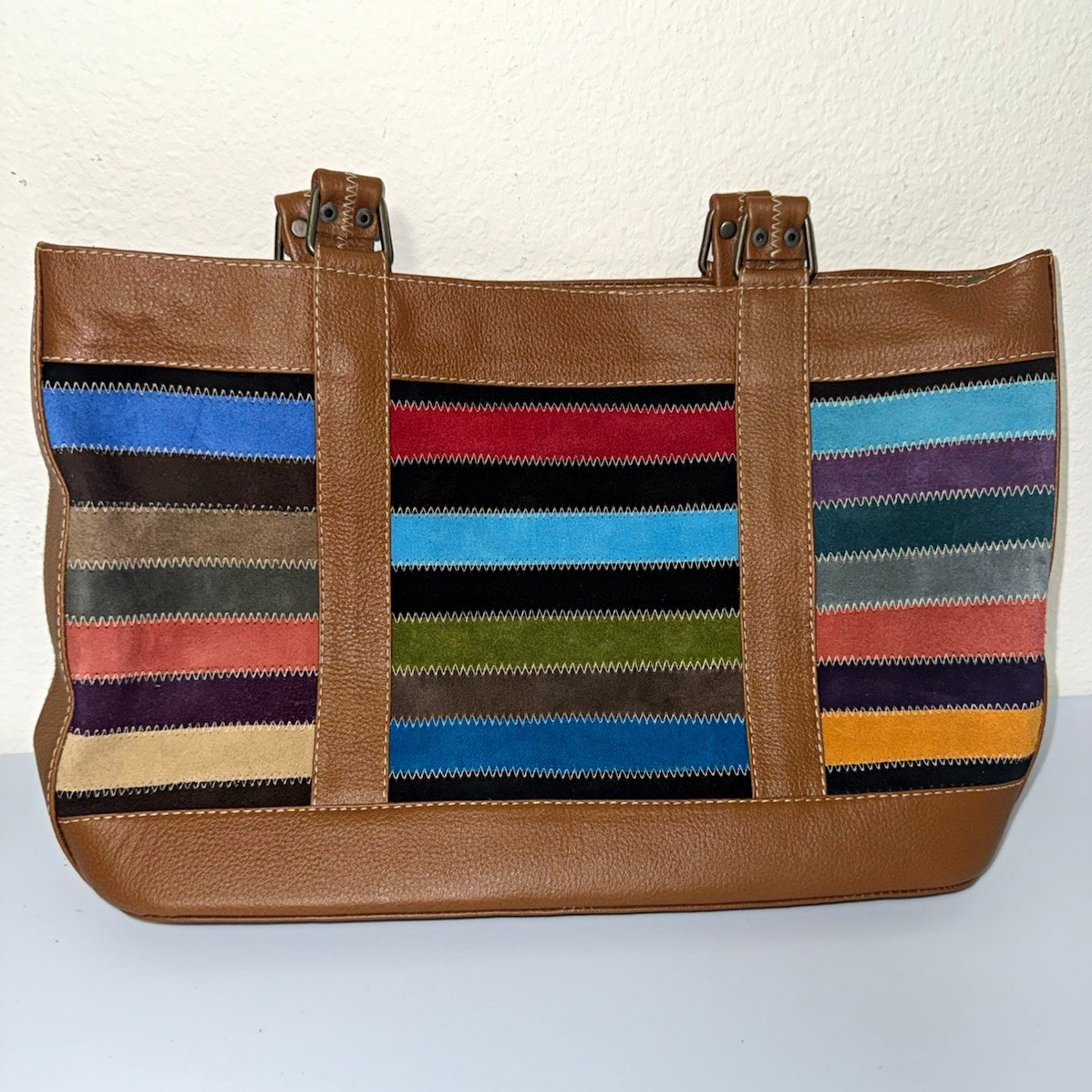LadyLuLu Hand made Tote Bag Zip Top Lined Inner Pockets Brown/Multicolor