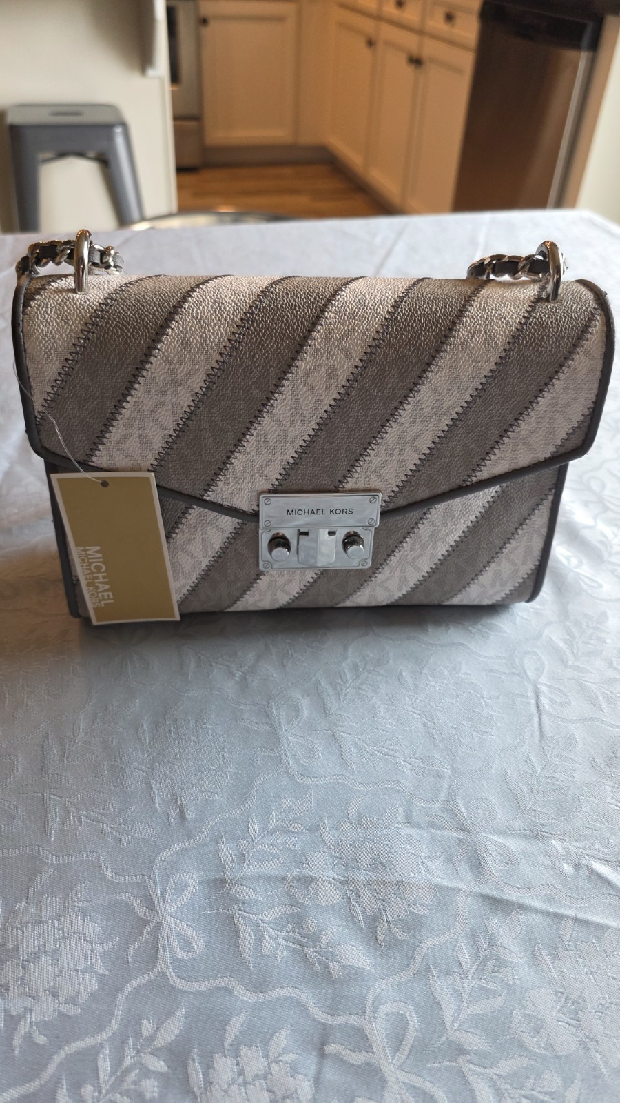 Michael Kors Medium Logo Flap Shoulder Bag, Gray/Beige, Chain