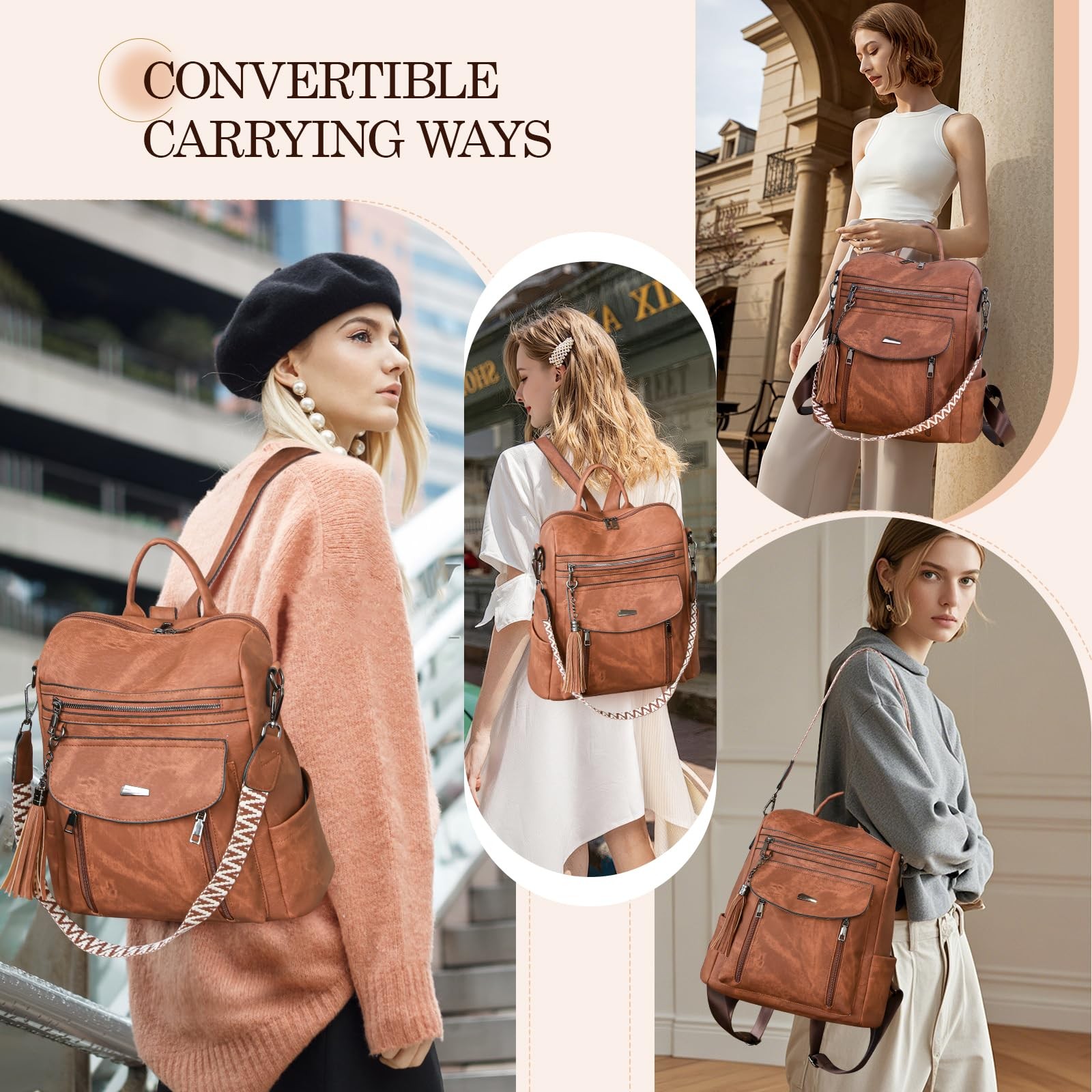 ROOSALANCE Backpack Purse for Women Pu 12.99 x x 5.9 inches, Brown