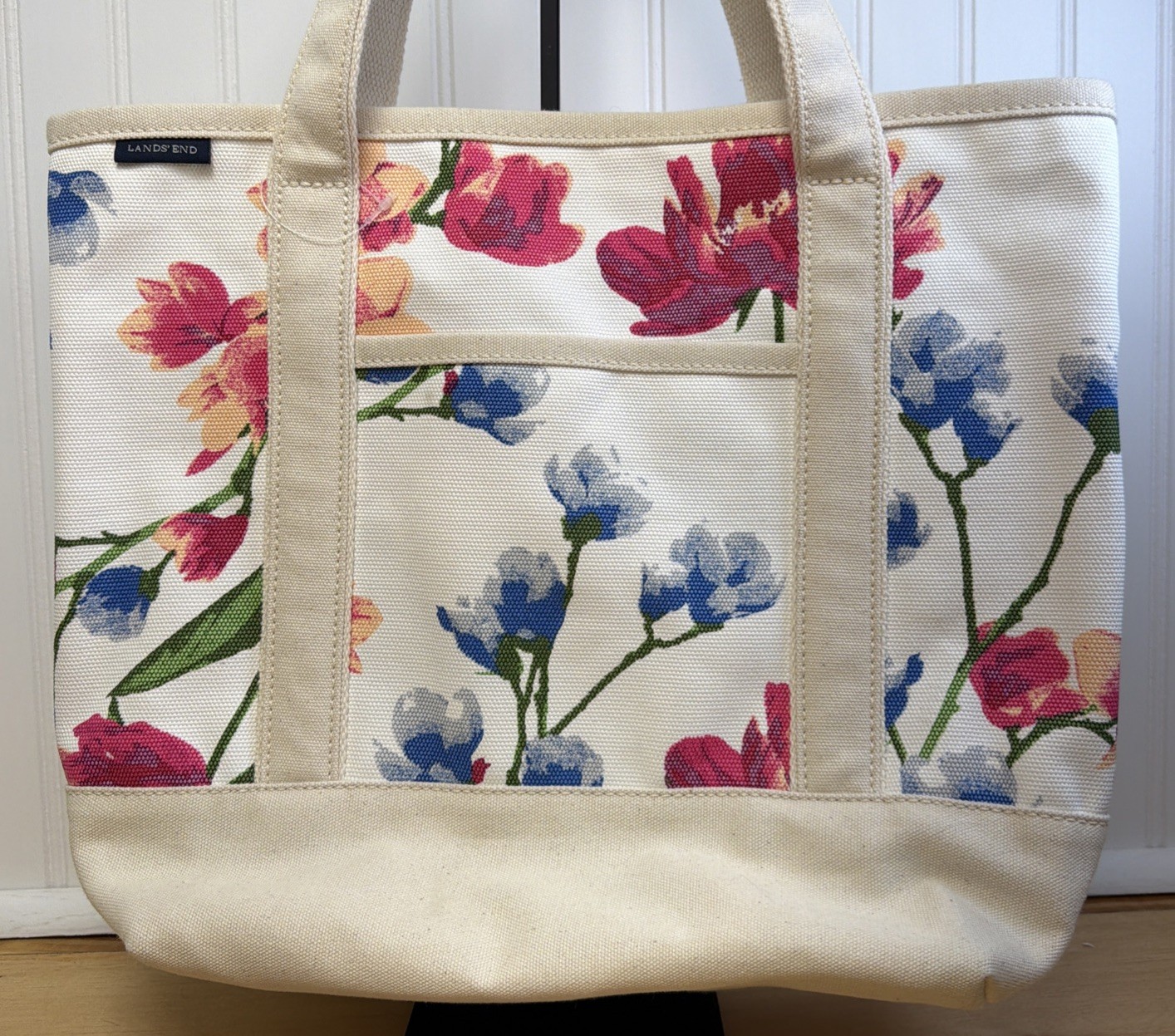 Lands’ End Floral Canvas Tote Bag White Pink Blue Medium Open Top Shoulder Bag