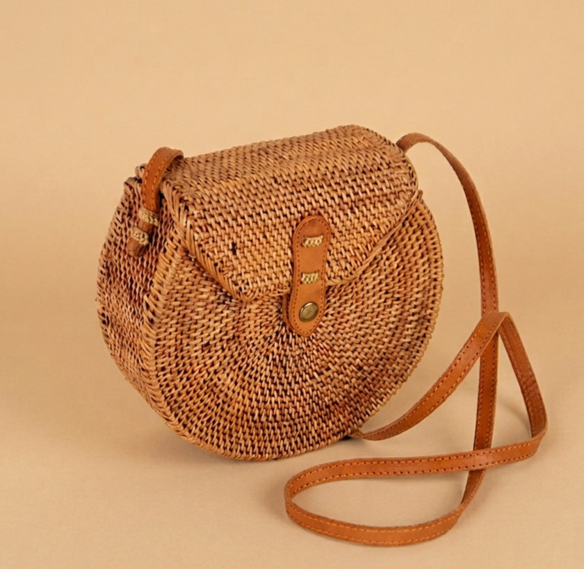 Handmade Round Rattan Crossbody Bag Woven Straw Purse Leather Boho Beach Women