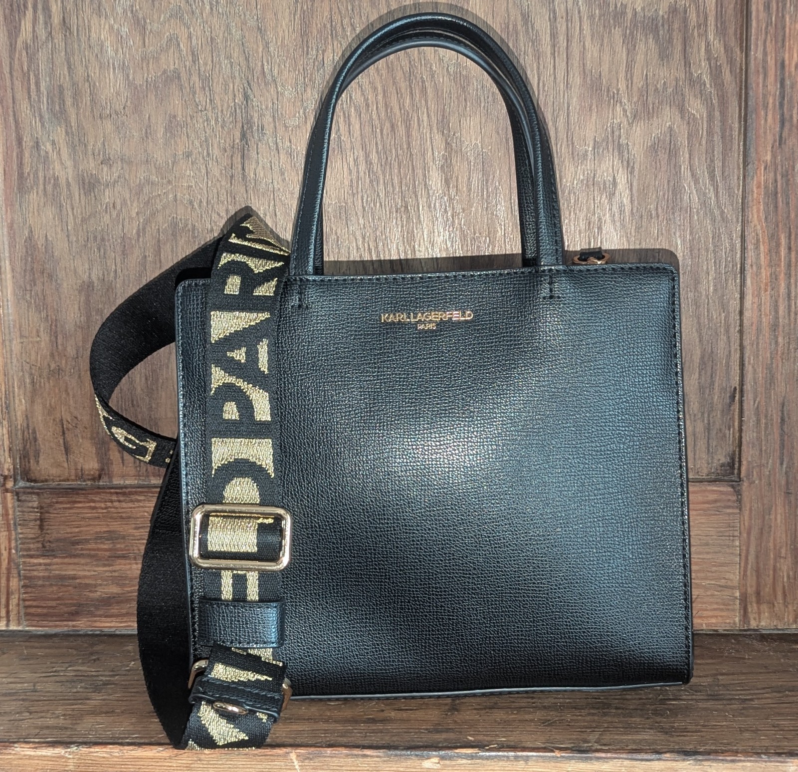 KARL LAGERFELD PARIS Black & Gold MAYBELLE Crossbody Shoulder Bag Tote $198