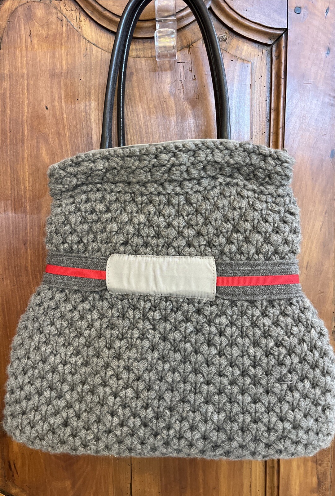 Brunello Cucinelli Cashmere Knitted Purse Leather Handles Drawstring Closure