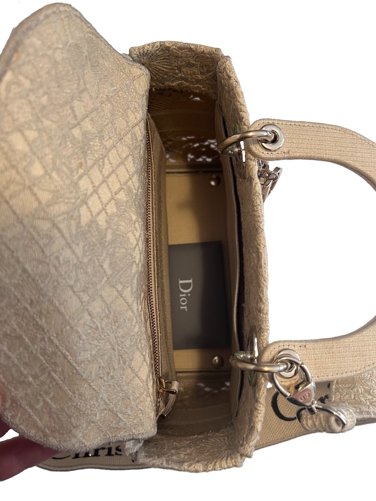 Christian Dior Small Lady D-Lite Natural Lace Embroidery Tote Bag w/ cards