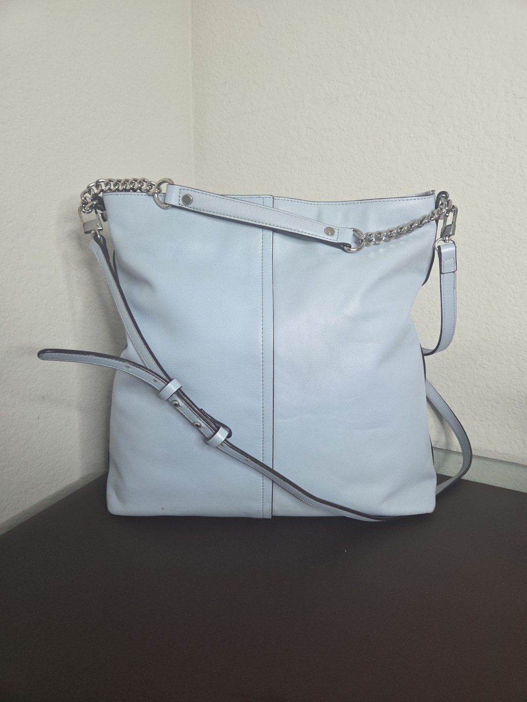 Antonio Melani Light Blue Leather Hobo Tote Bag Chain Strap w/ Dust Bag