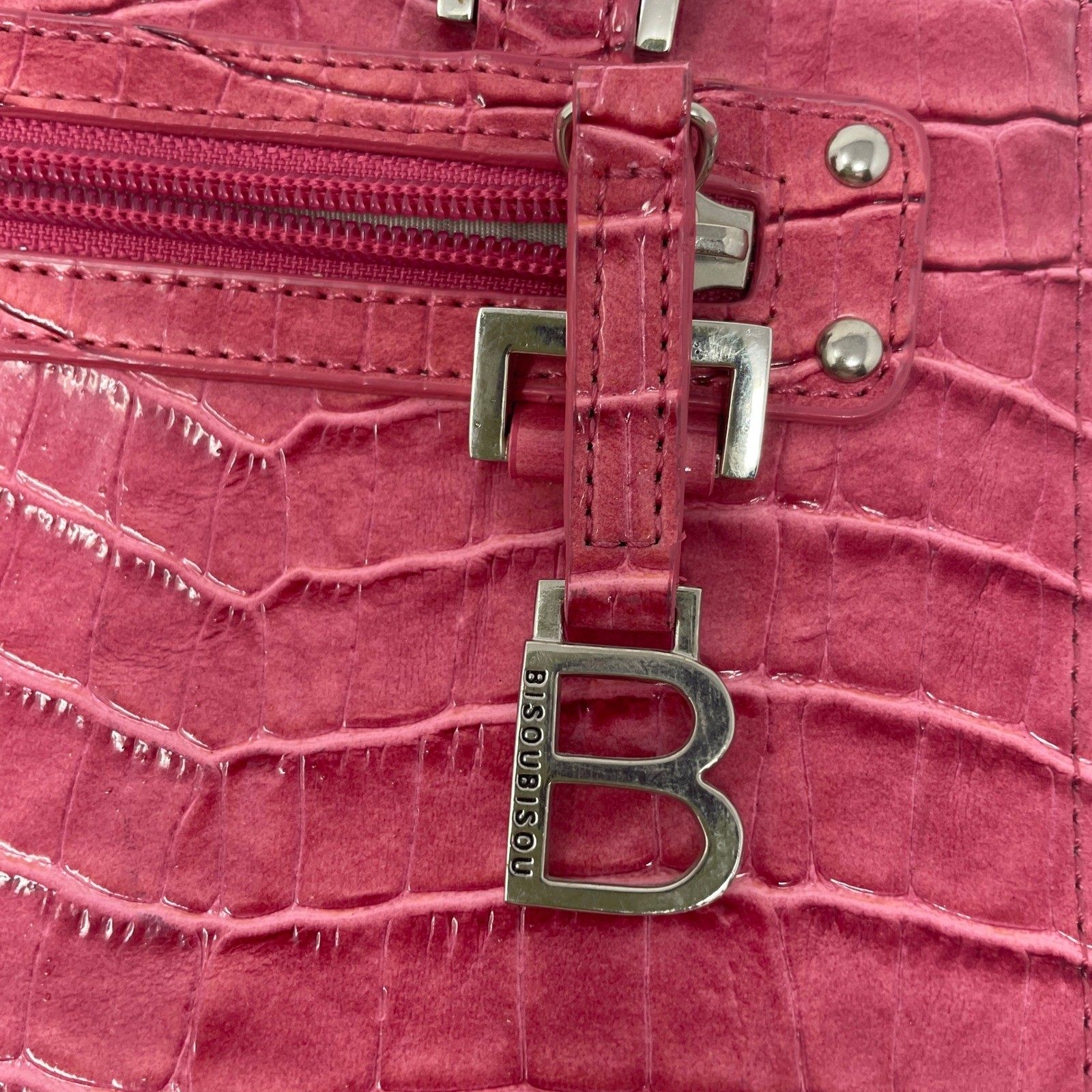 Bisou Bisou Pink Croc Embossed Patent Faux Leather Shoulder Bag Y2K B Logo Charm