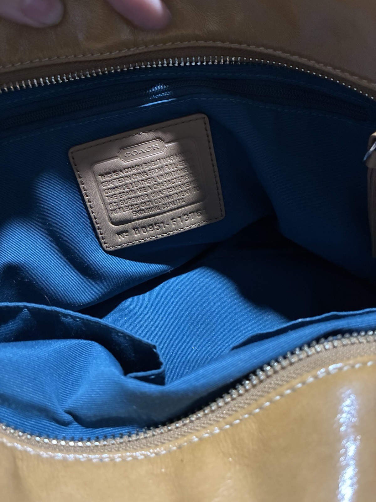 Coach Tan Patent Tote Zip Silver Hardware Blue Lining Double Handles Bag