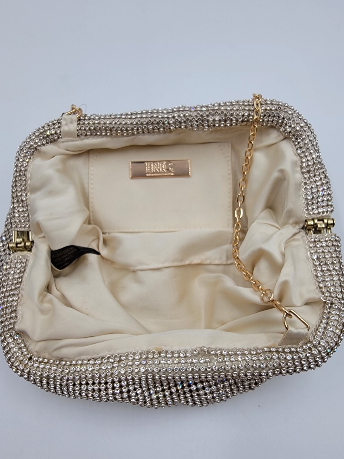 INC International Concepts Pleated Clutch Women’s Champagne Frame Closure~