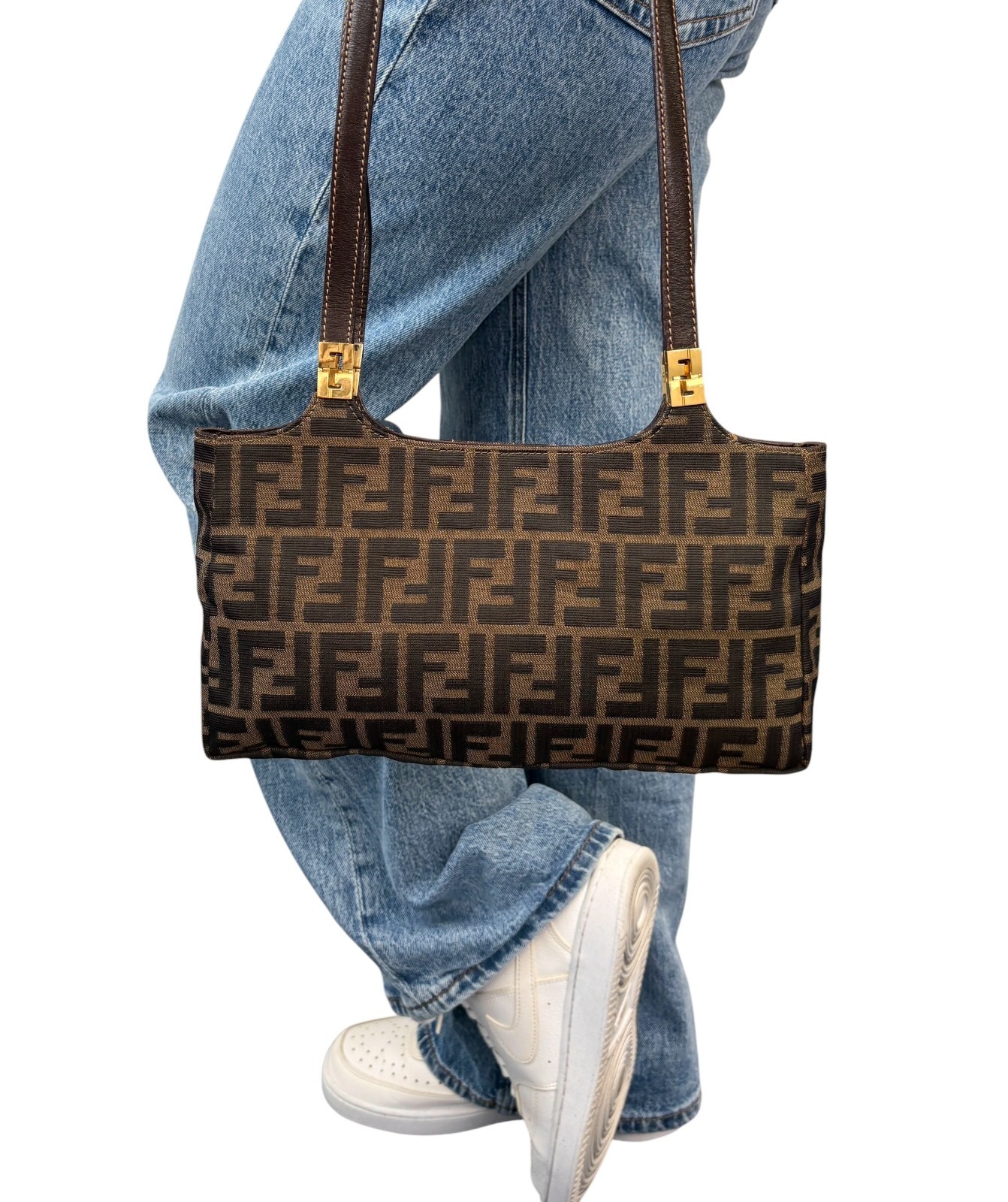 FENDI Vintage FF Zucca Monogram Canvas Shoulder Bag Brown Gold Leather 902063