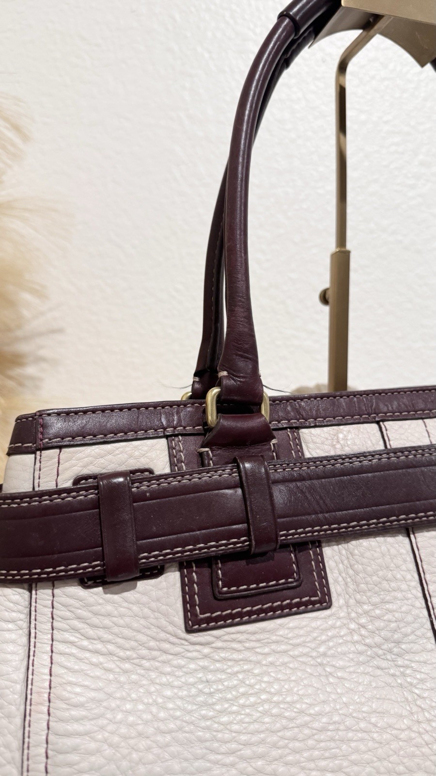 Coach Hampton Satchel Bag In Cream & Burgundy Pebbled Leather Style F06S-10213