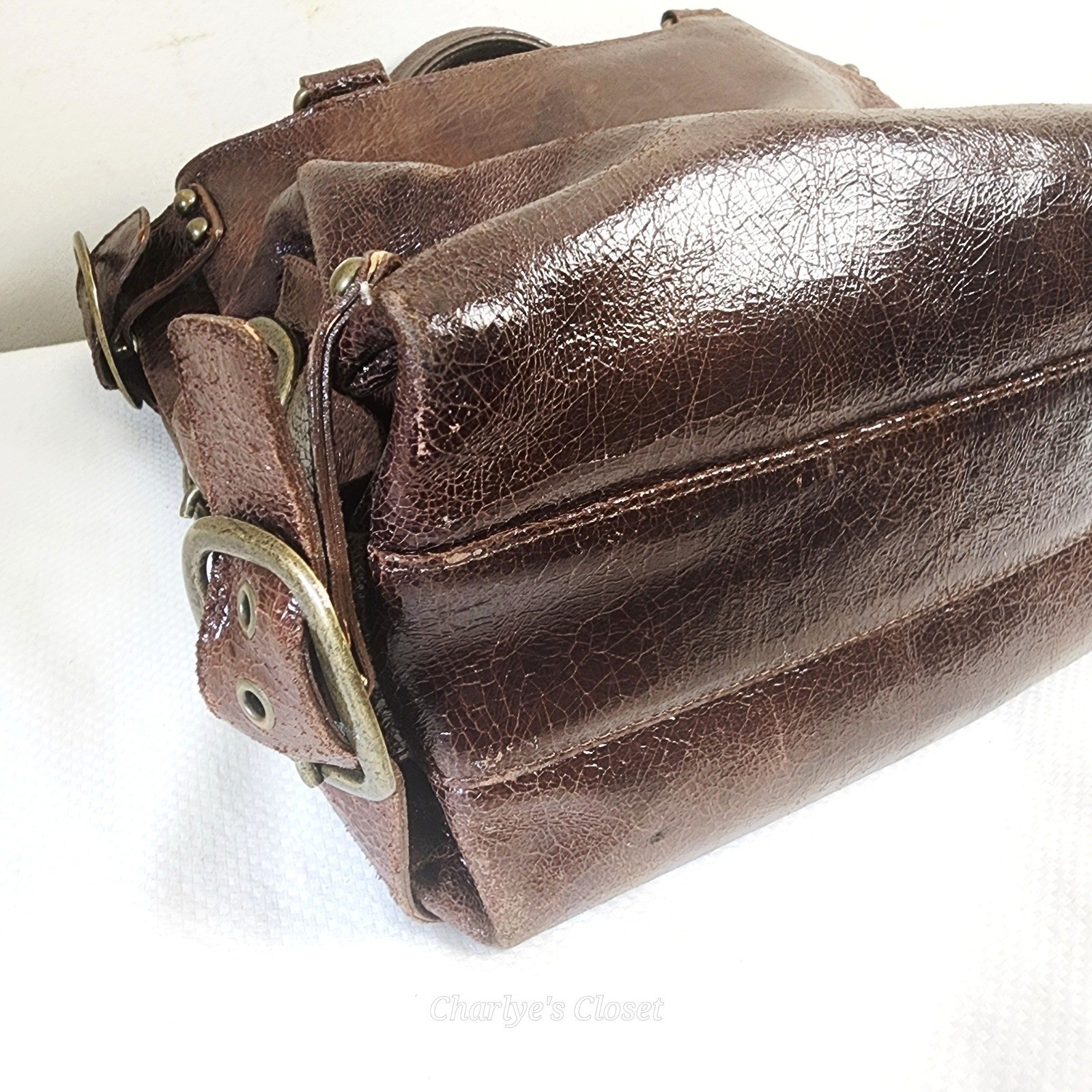 KOOBA Brown Distressed Leather Brass Studded Satchel Bag Boho Statement Edgy