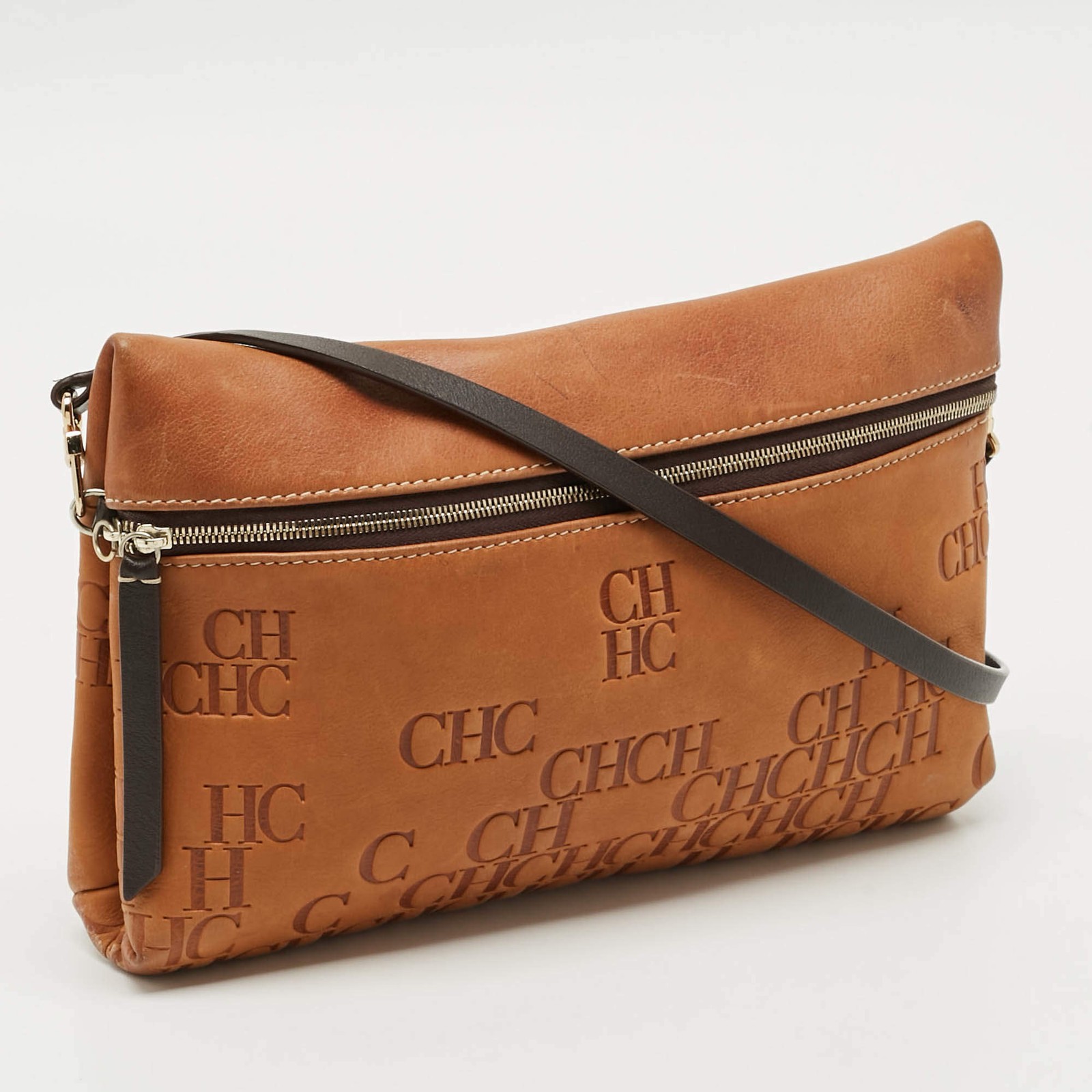 Carolina Herrera TanBrown Monogram Embossed Leather Slim Crossbody Bag