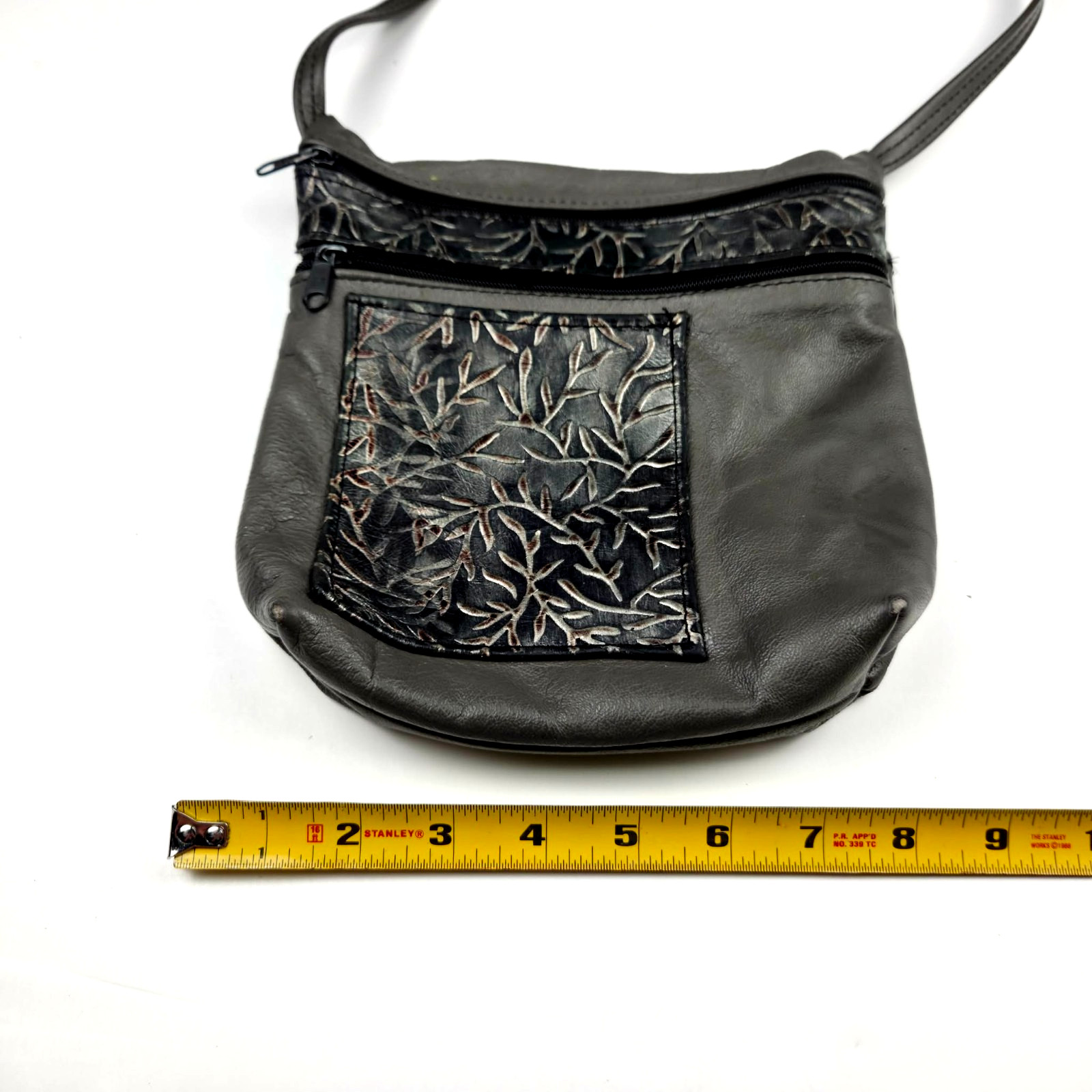 Gray Genuine Leather Floral Embossed Multi Pocket Crossbody Bag Boho