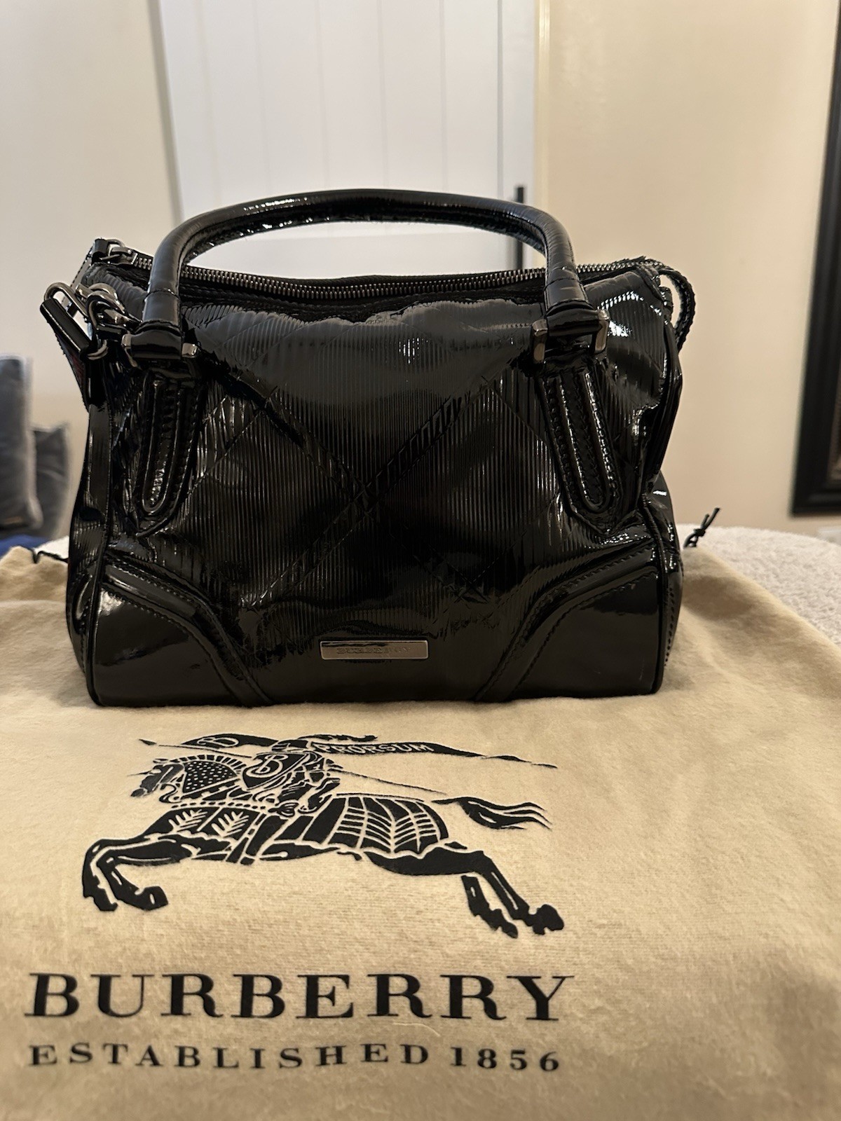 Vintage Burberry Embossed Black Patent Bowling Bag