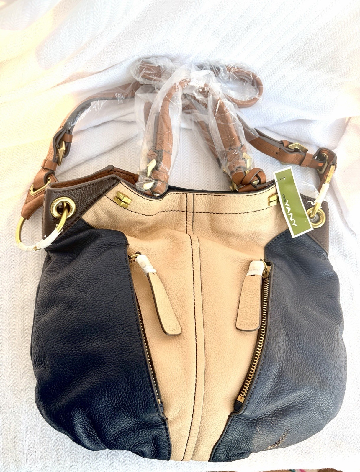 orYANY Leather Hobo Handbag Brown/Taupe/Blue with Gold Accents Large NWT!