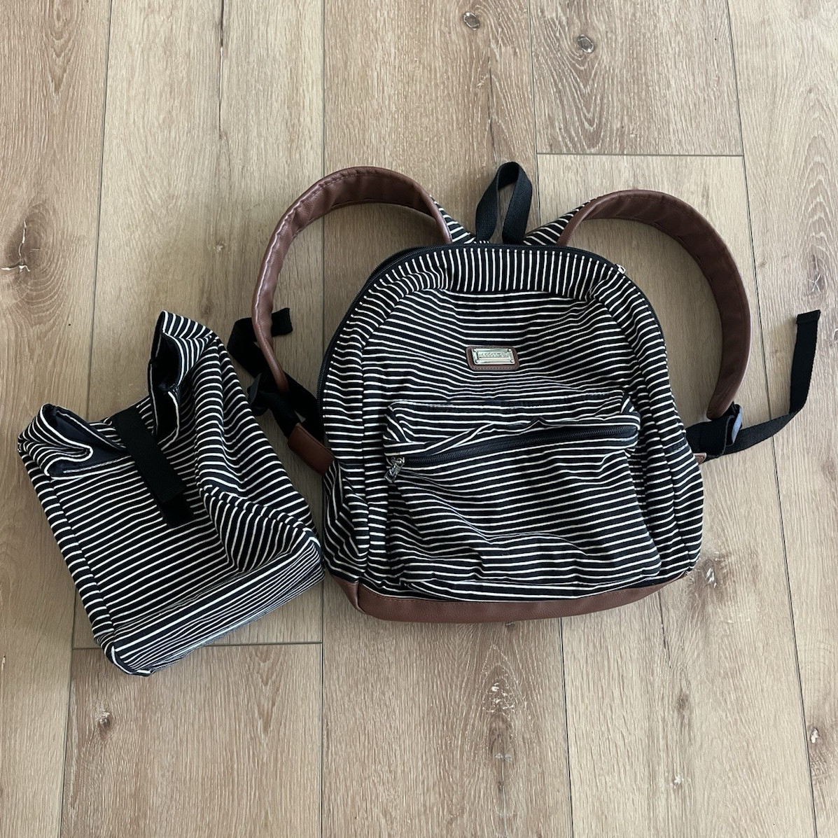 Studded Girl Black/White Striped Backpack Brown Trim Adjustable Straps Pouch