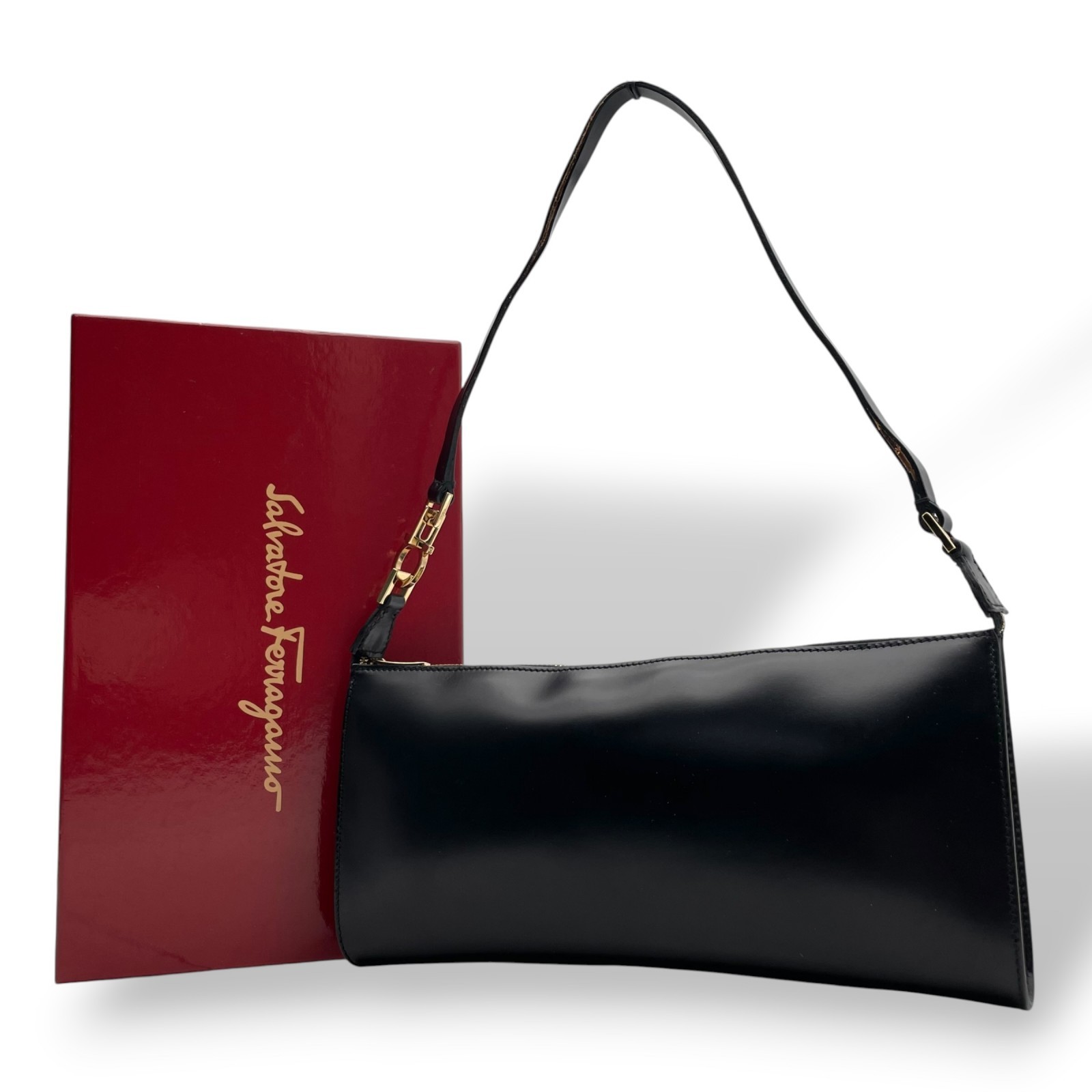 Authentic Salvatore Ferragamo Gancini Leather Accessory Pouch Black Gold
