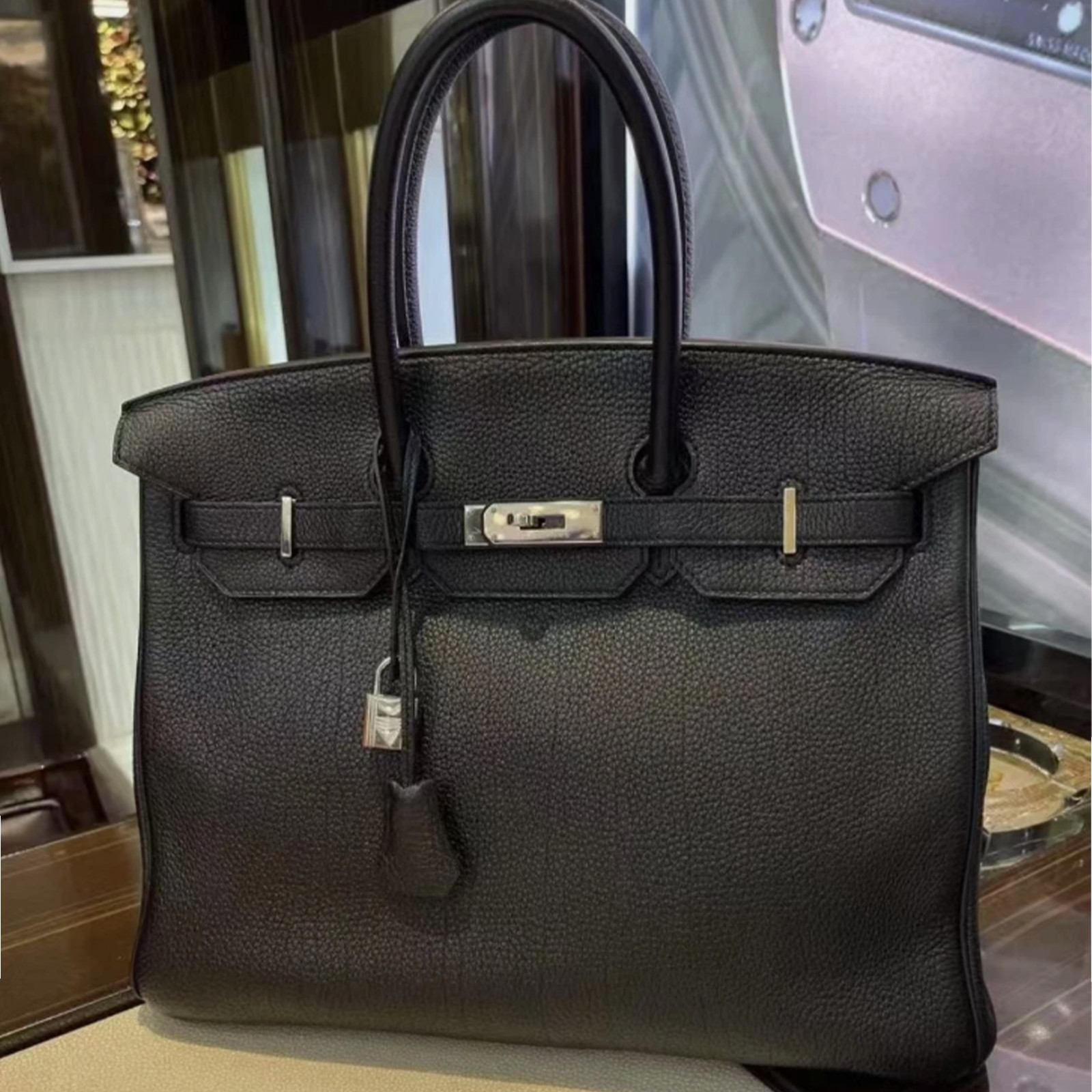 Auth Hermès Birkin35 Black 01 Leather PHW Timeless Staple All Occasion Handbag-