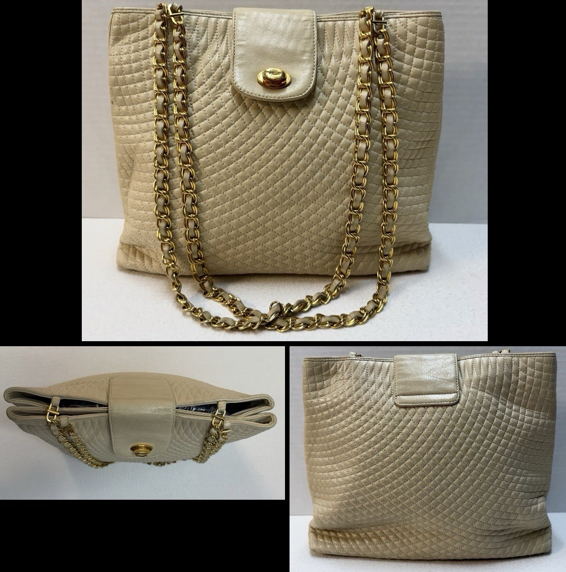 Vintage 80s-90s Bally Quilted Lambskin Leather Chain Shoulder Bag Ivory Cream