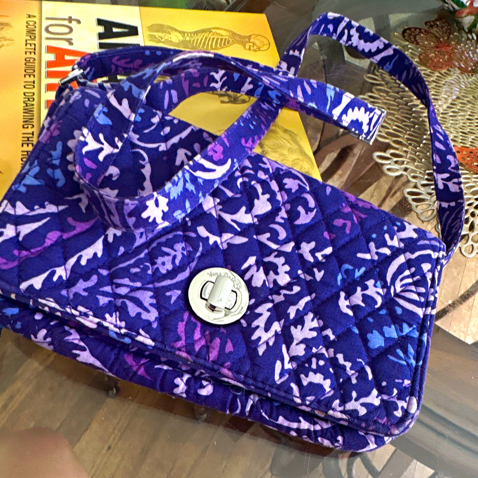 Vera Bradley Purple Floral Quilted Shoulder Bag Turn Lock Zip, Inner Pockets