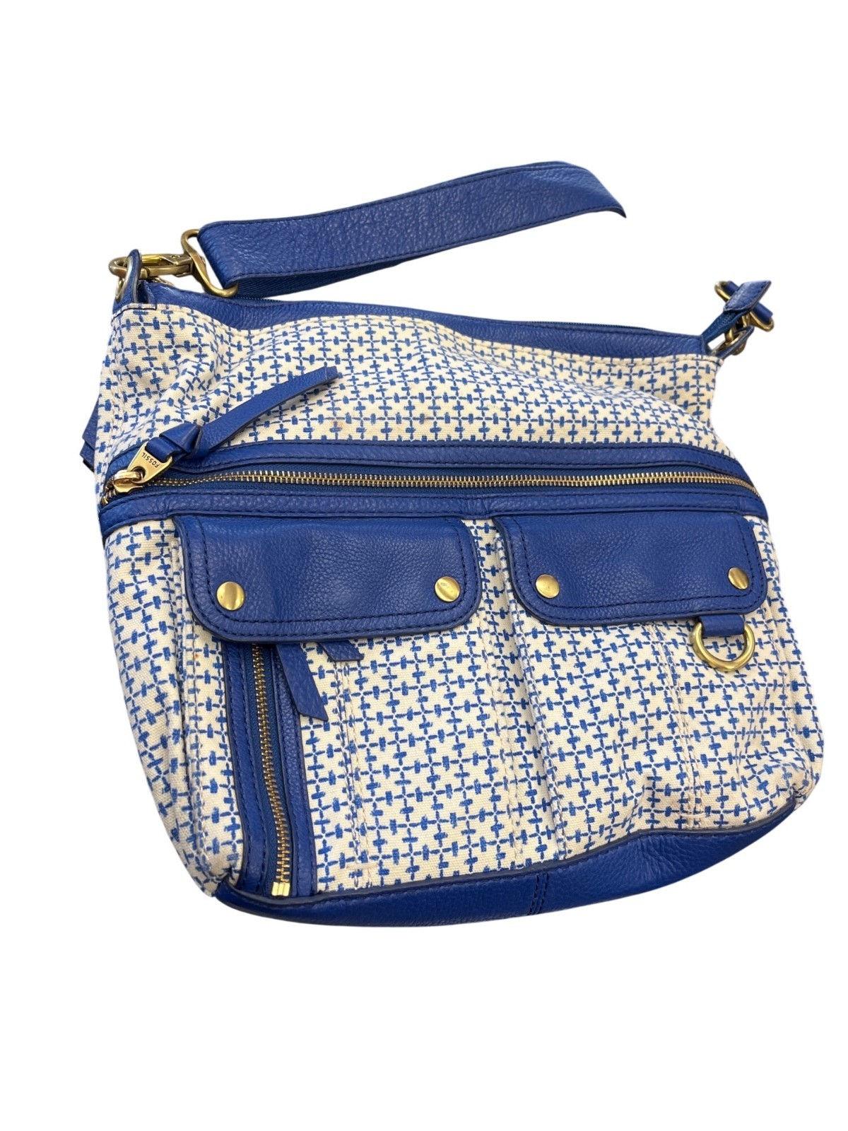 Fossil VTG wms bllue gold leather blended messenger crossbody bag SKU 10-049