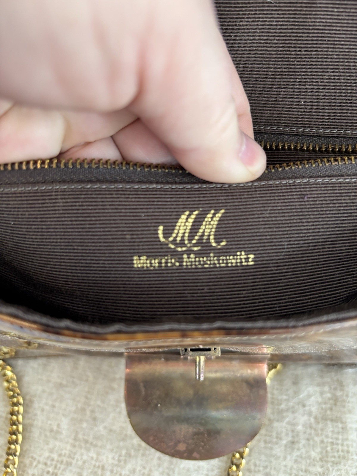 Morris Moskowitz Shoulder Bag Brown Patent Gold Chain Flip Close Latch