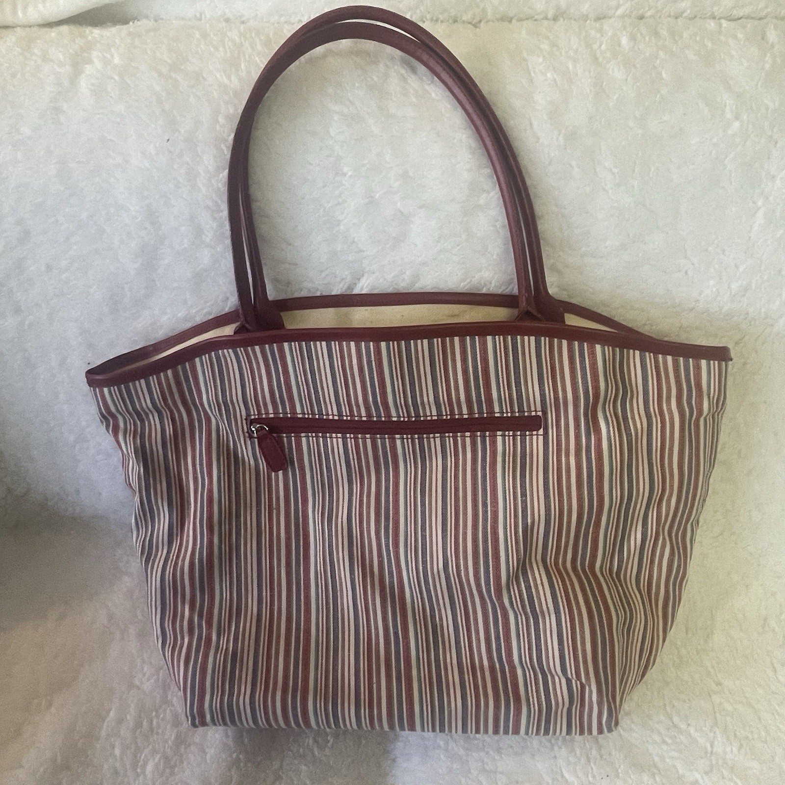 LONGABERGER Striped Canvas Tote Bag Burgundy/cream Purse Handbag Shoulder Bag