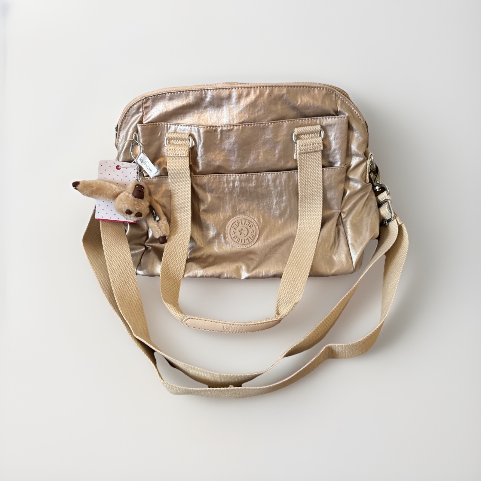 NWT Kipling Felicity Rose Gold Metallic Nylon Travel Shoulder Crossbody Bag $119