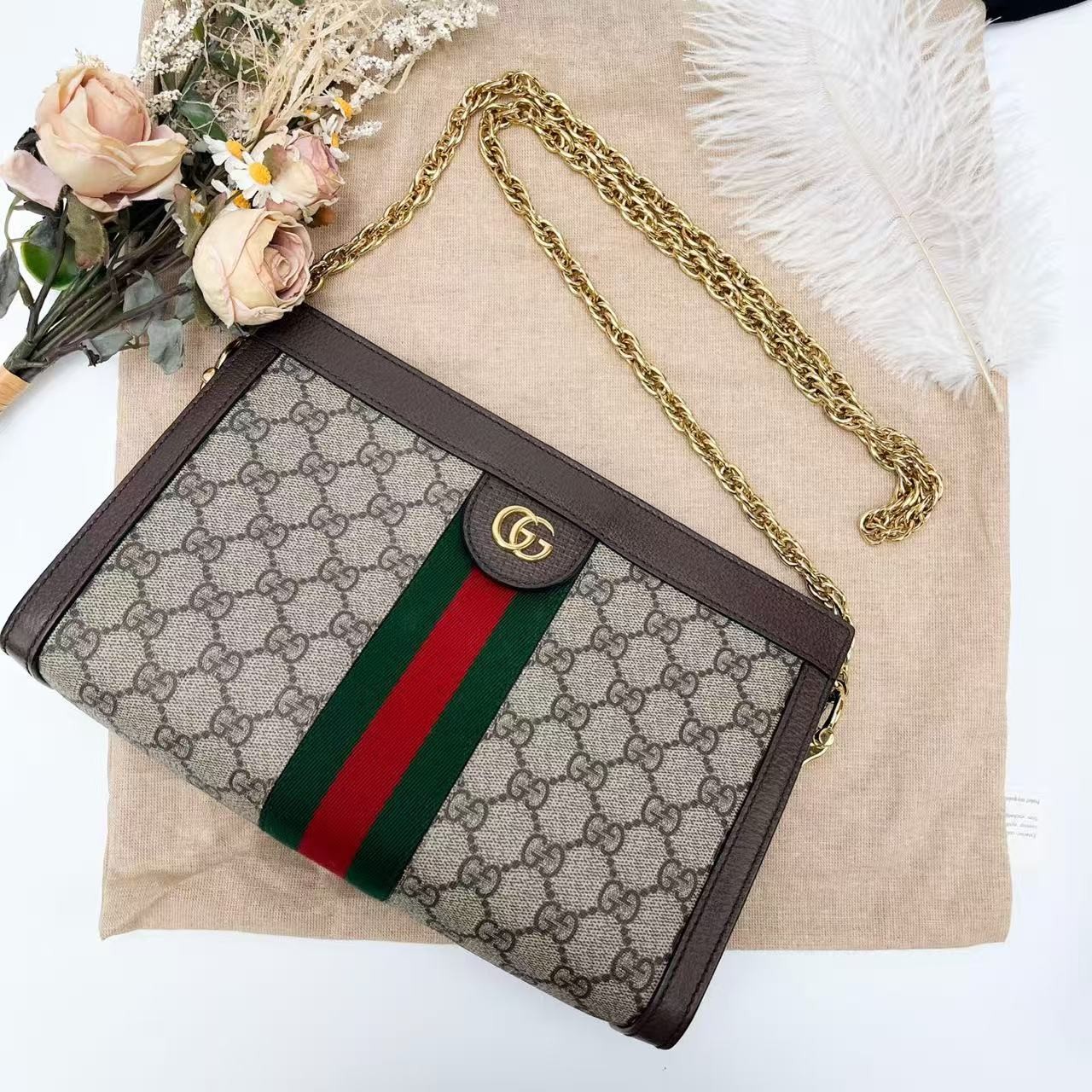 Gucci Ophidia Medium GG Supreme Flap Chain Crossbody Bag Web Stripe Gold
