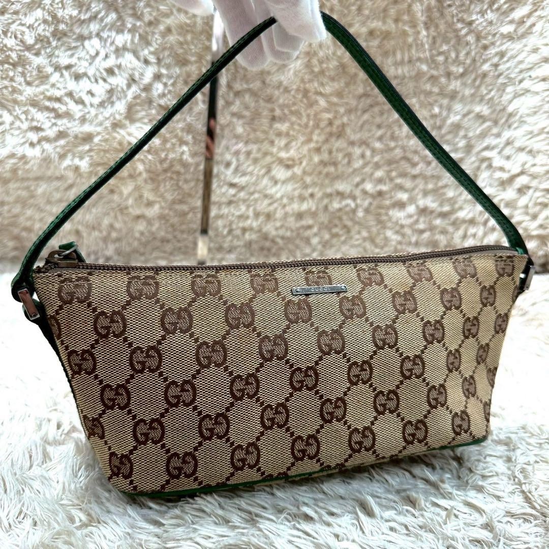 GUCCI Accessory Pouch Boat Hand Bag GG canvas green Vintage Authentic From Japan