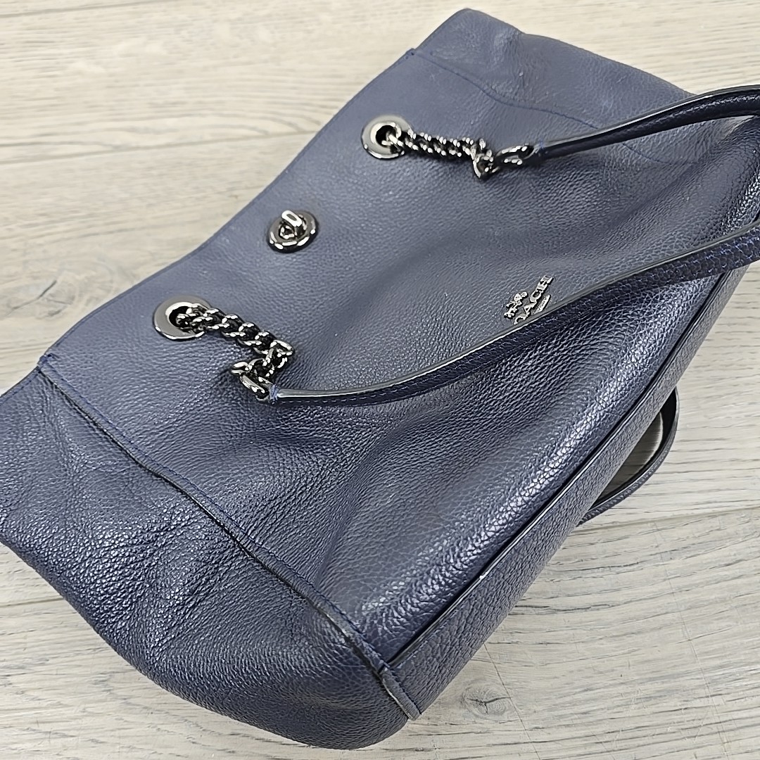 Coach Turlock Plum Pebbled Leather Navy Blue Chain Shoulder Tote Bag 57107