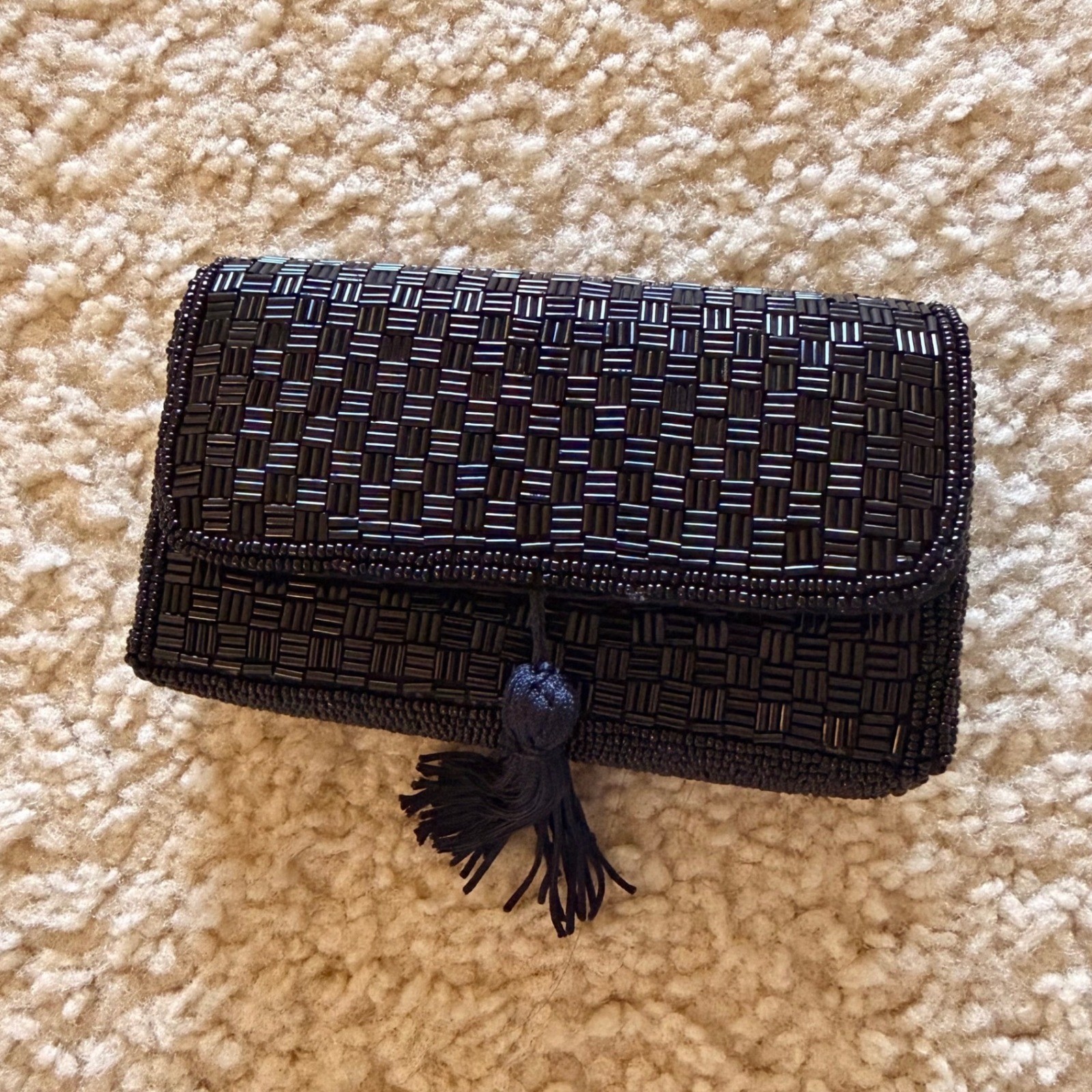 Handmade Vintage Black Beaded Tassel Crossbody Evening Bag Basketweave Clutch