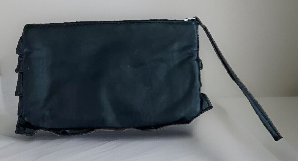 Super Cute Light Weight Un-Branded All Black Ruffled Zipper Hand Clutch Hand Bag