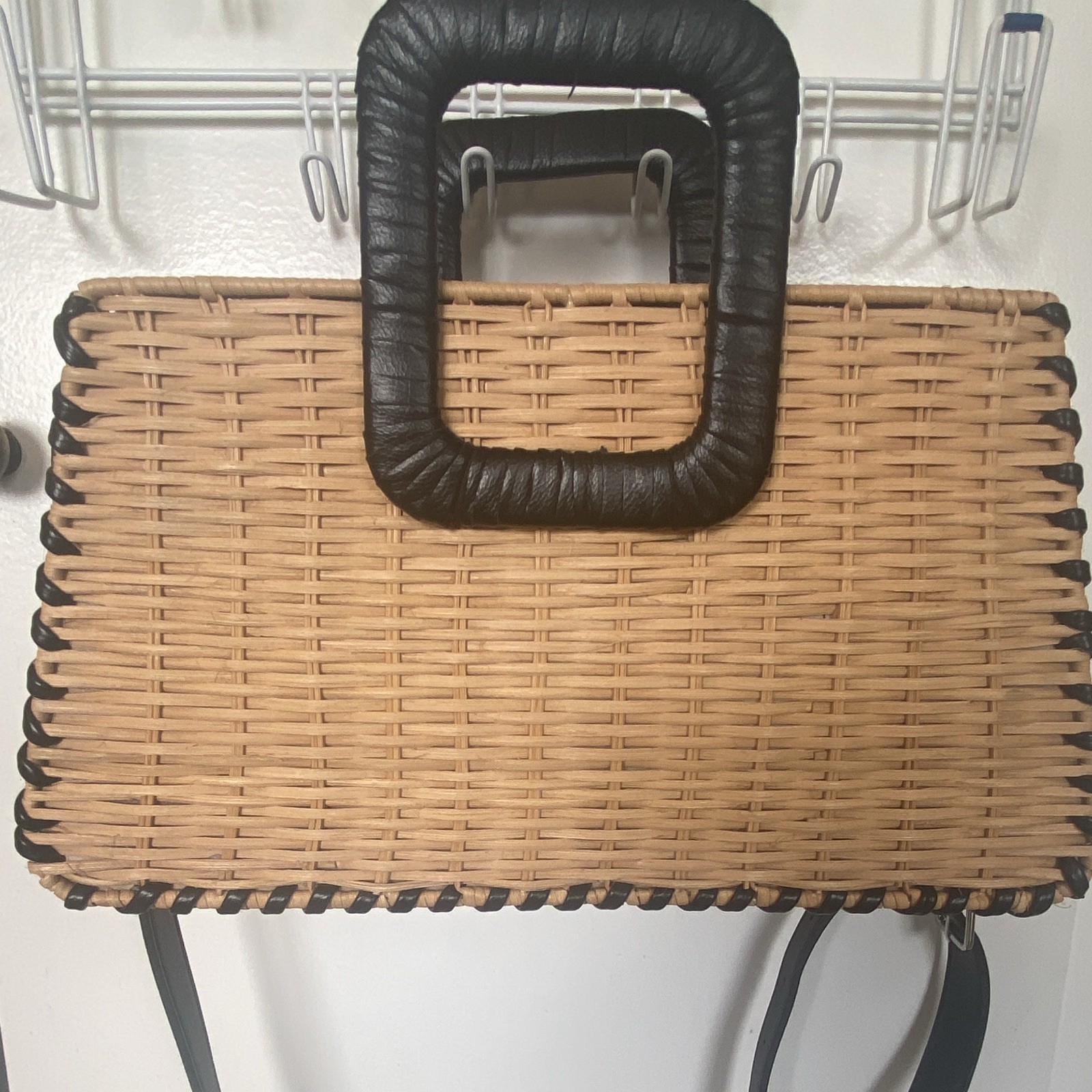 BCBGMAXAZRIA Natural Black Wicker Leather Top Handle Satchel Zip Silver Strap